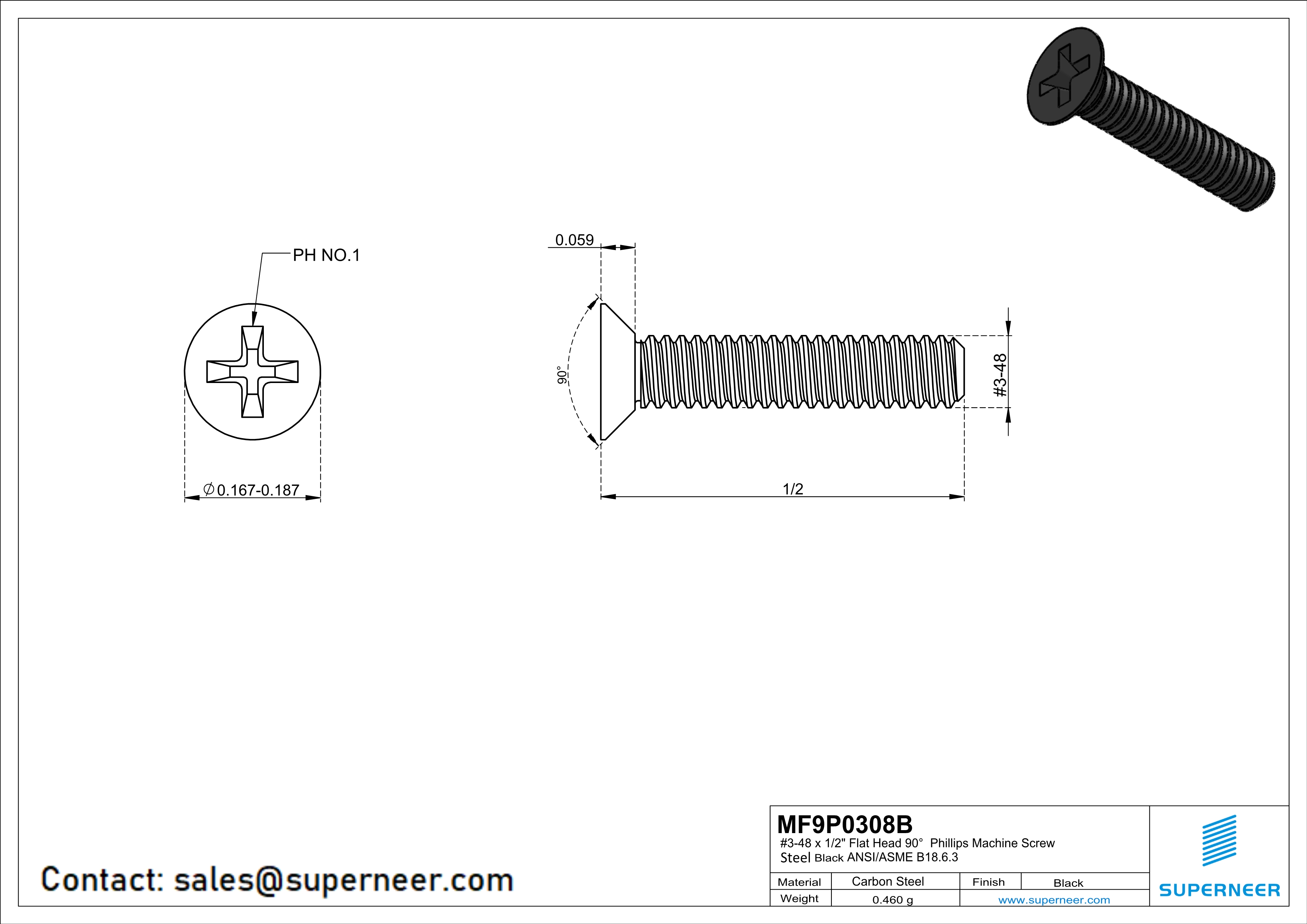 3-48 x 1/2" Flat Head 90° Phillips Machine Screw Steel Black ANSI/ASME B18.6.3 