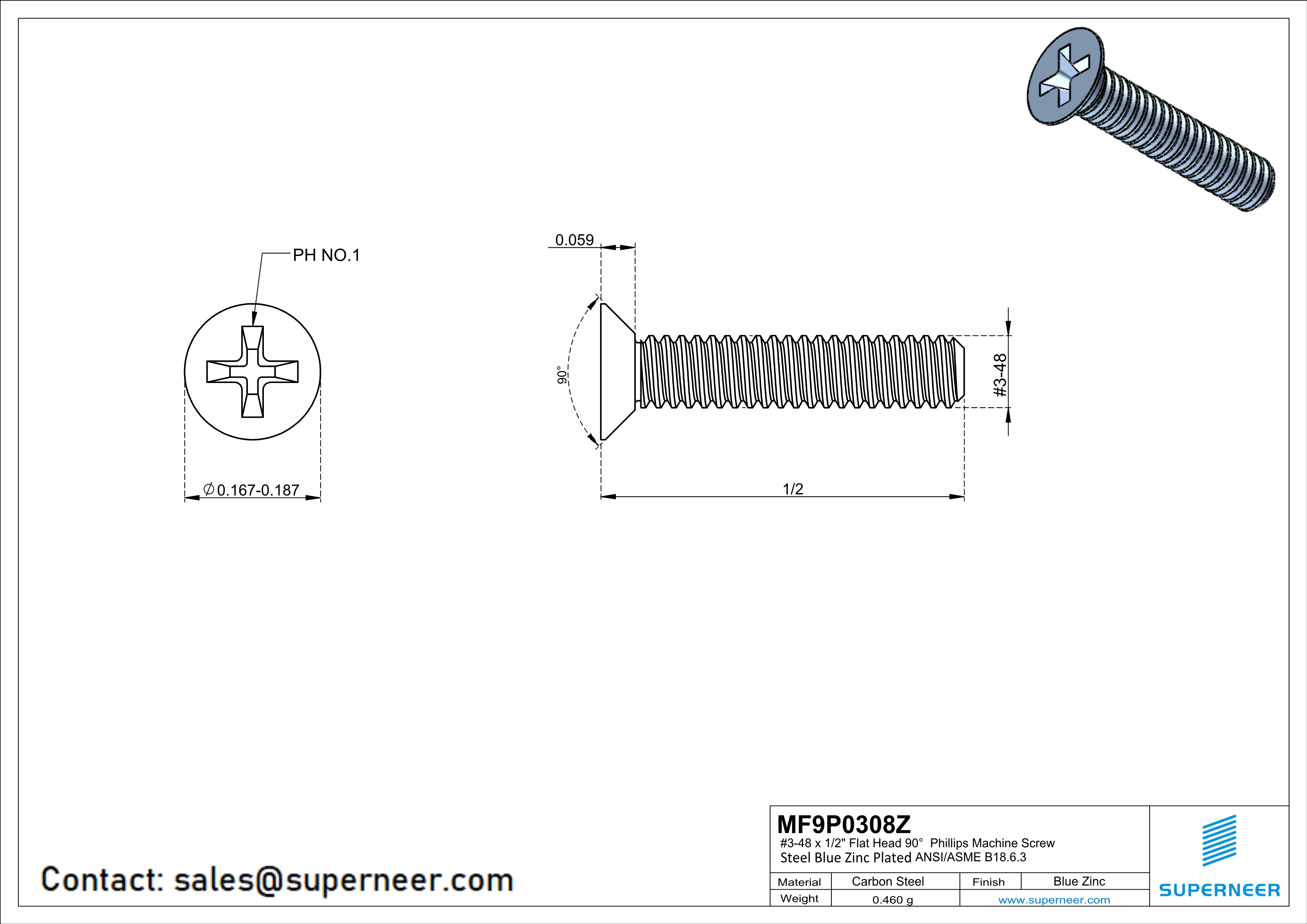 3-48 x 1/2" Flat Head 90° Phillips Machine Screw Steel Blue Zinc Plated ANSI/ASME B18.6.3 