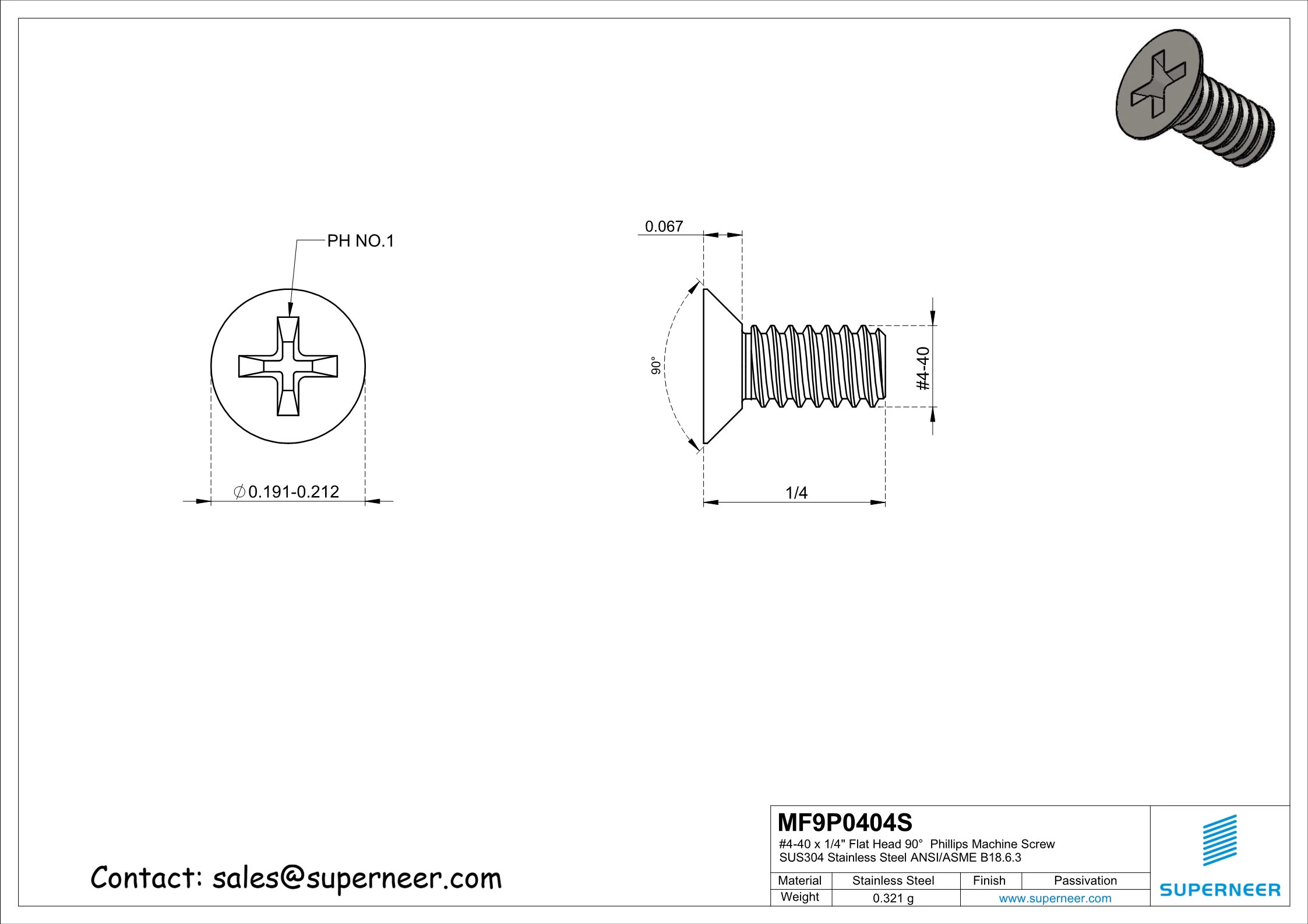 4-40 x 1/4" Flat Head 90°  Phillips Machine Screw SUS304 Stainless Steel Inox ANSI/ASME B18.6.3 