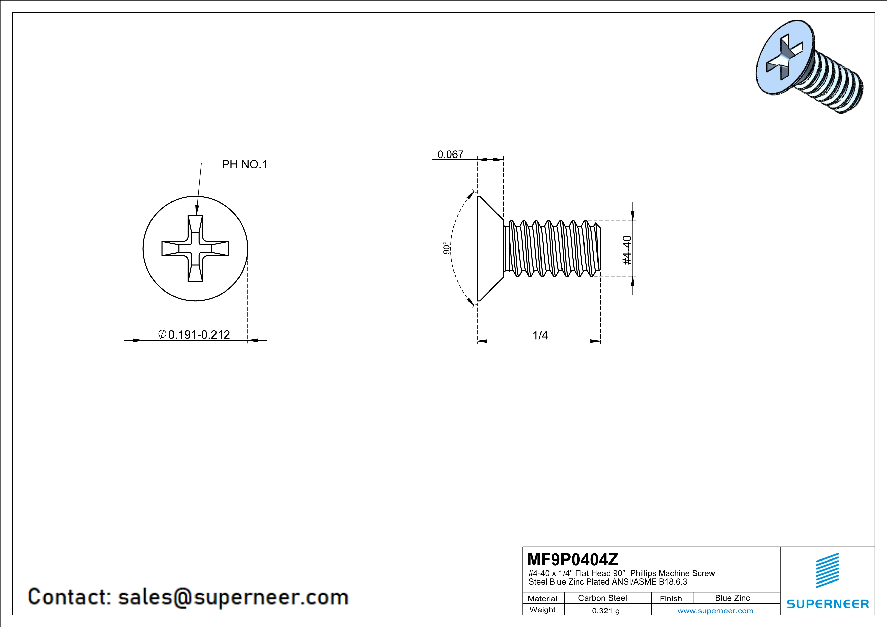 4-40 x 1/4" Flat Head 90° Phillips Machine Screw Steel Blue Zinc Plated ANSI/ASME B18.6.3 