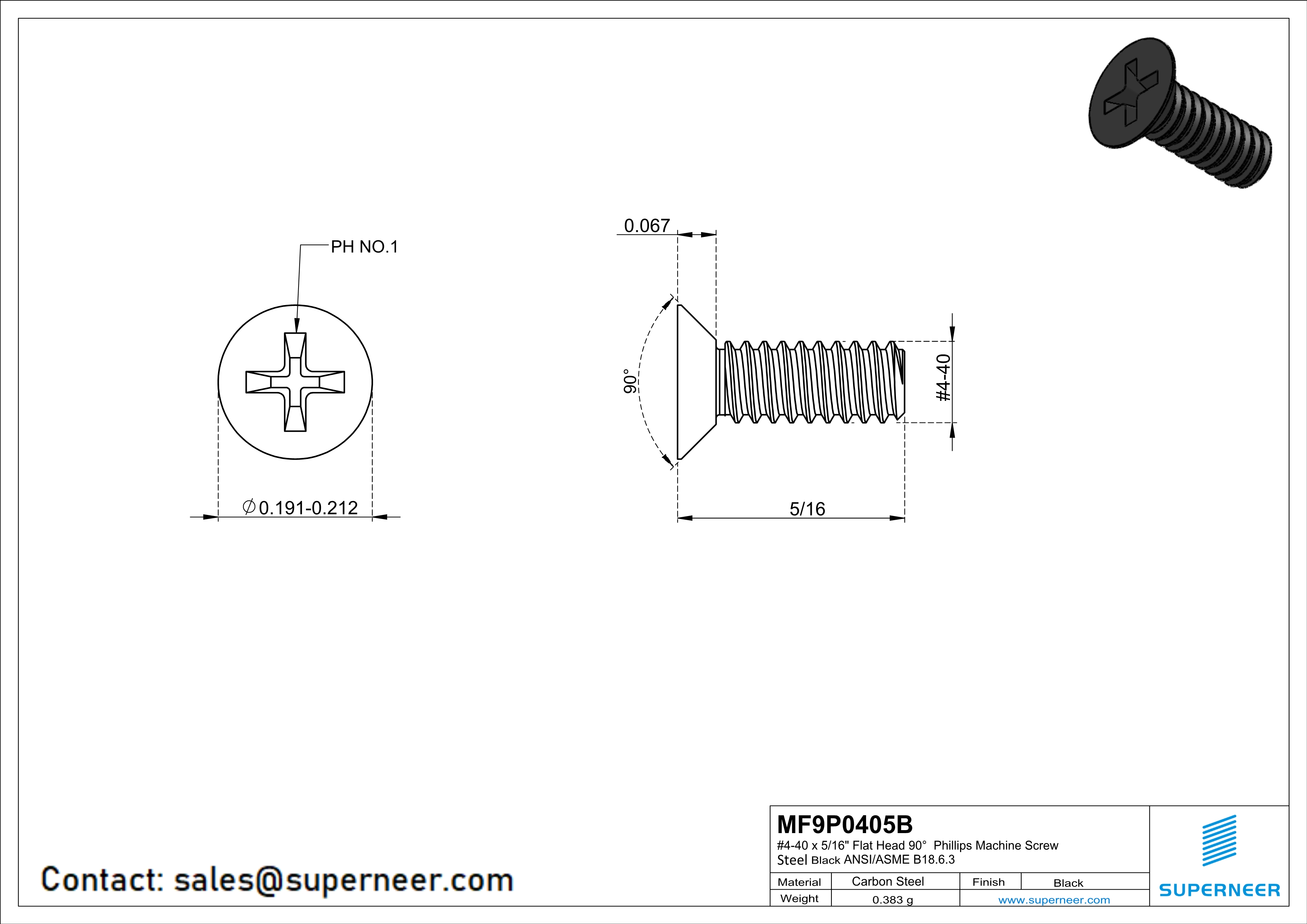 4-40 x 5/16" Flat Head 90° Phillips Machine Screw Steel Black ANSI/ASME B18.6.3 