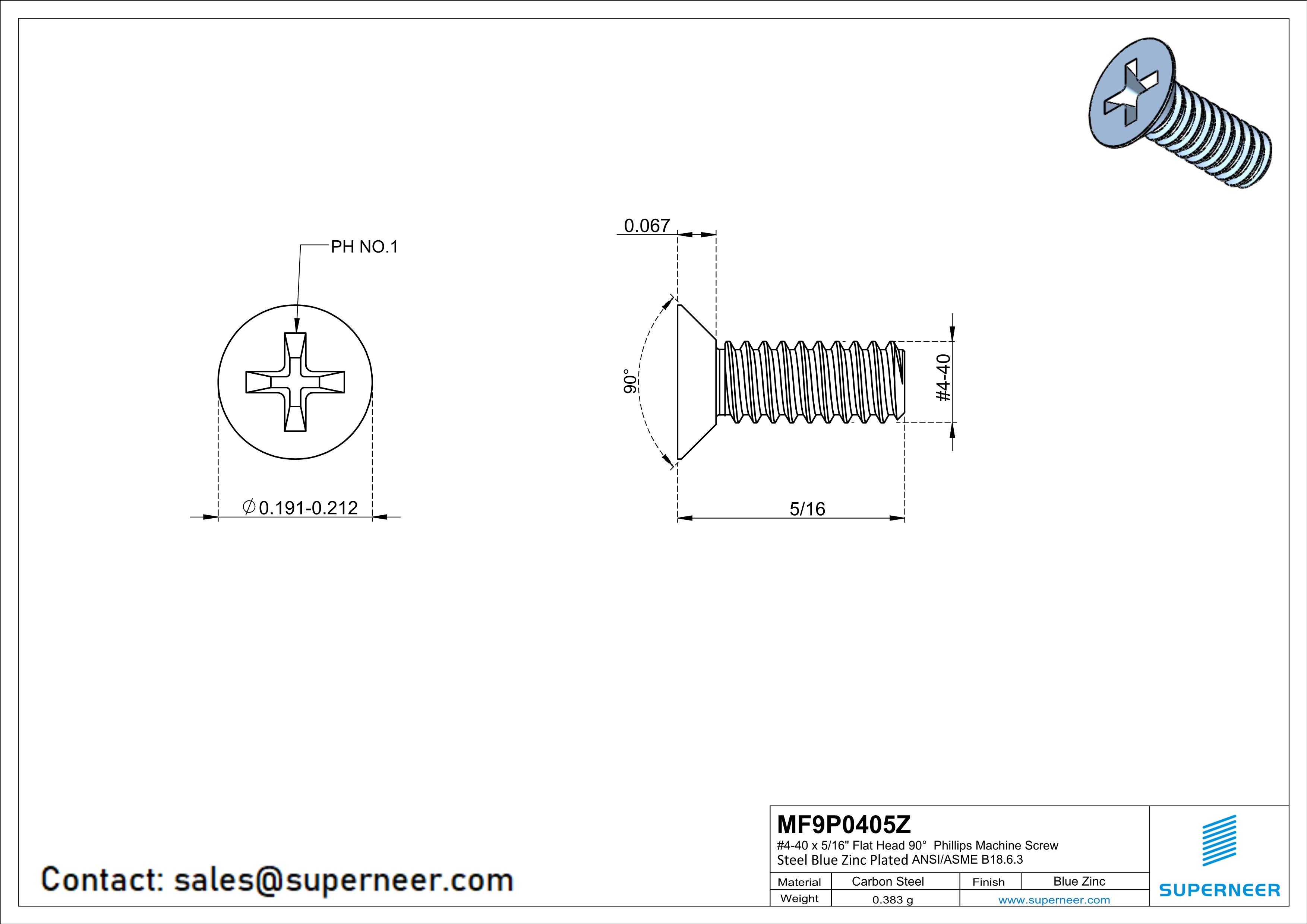 4-40 x 5/16" Flat Head 90° Phillips Machine Screw Steel Blue Zinc Plated ANSI/ASME B18.6.3 