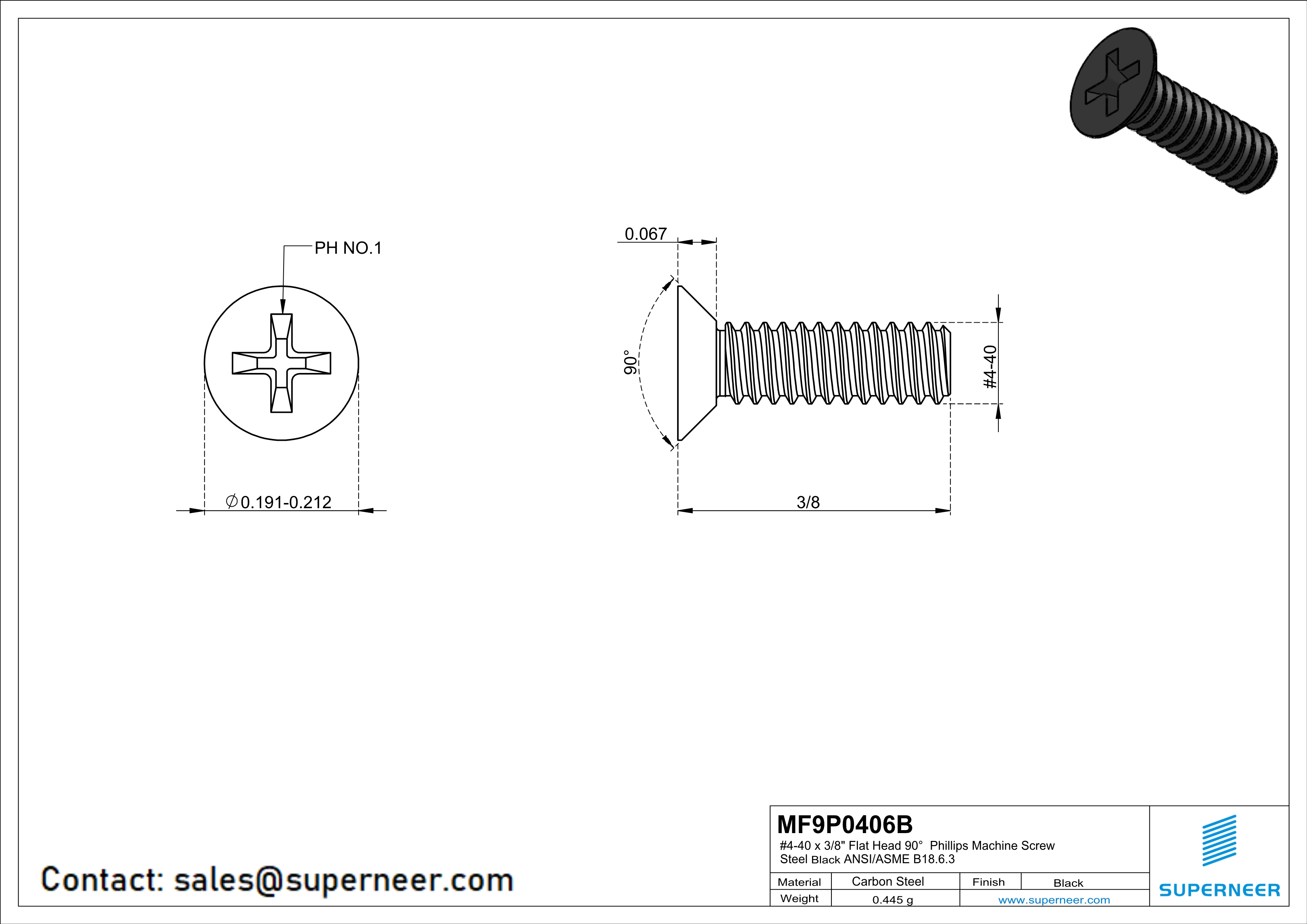 4-40 x 3/8" Flat Head 90° Phillips Machine Screw Steel Black ANSI/ASME B18.6.3 