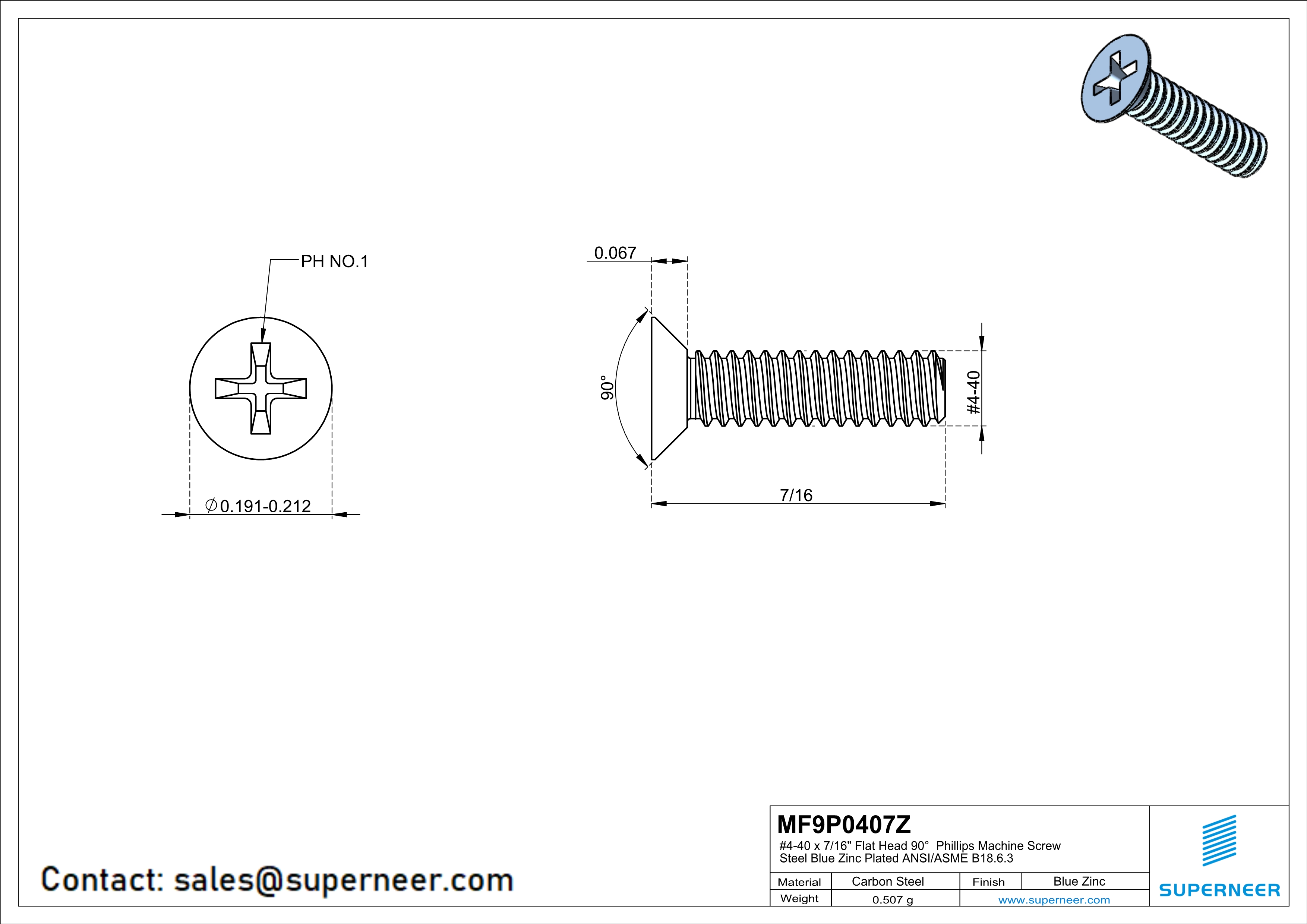 4-40 x 7/16" Flat Head 90° Phillips Machine Screw Steel Blue Zinc Plated ANSI/ASME B18.6.3 