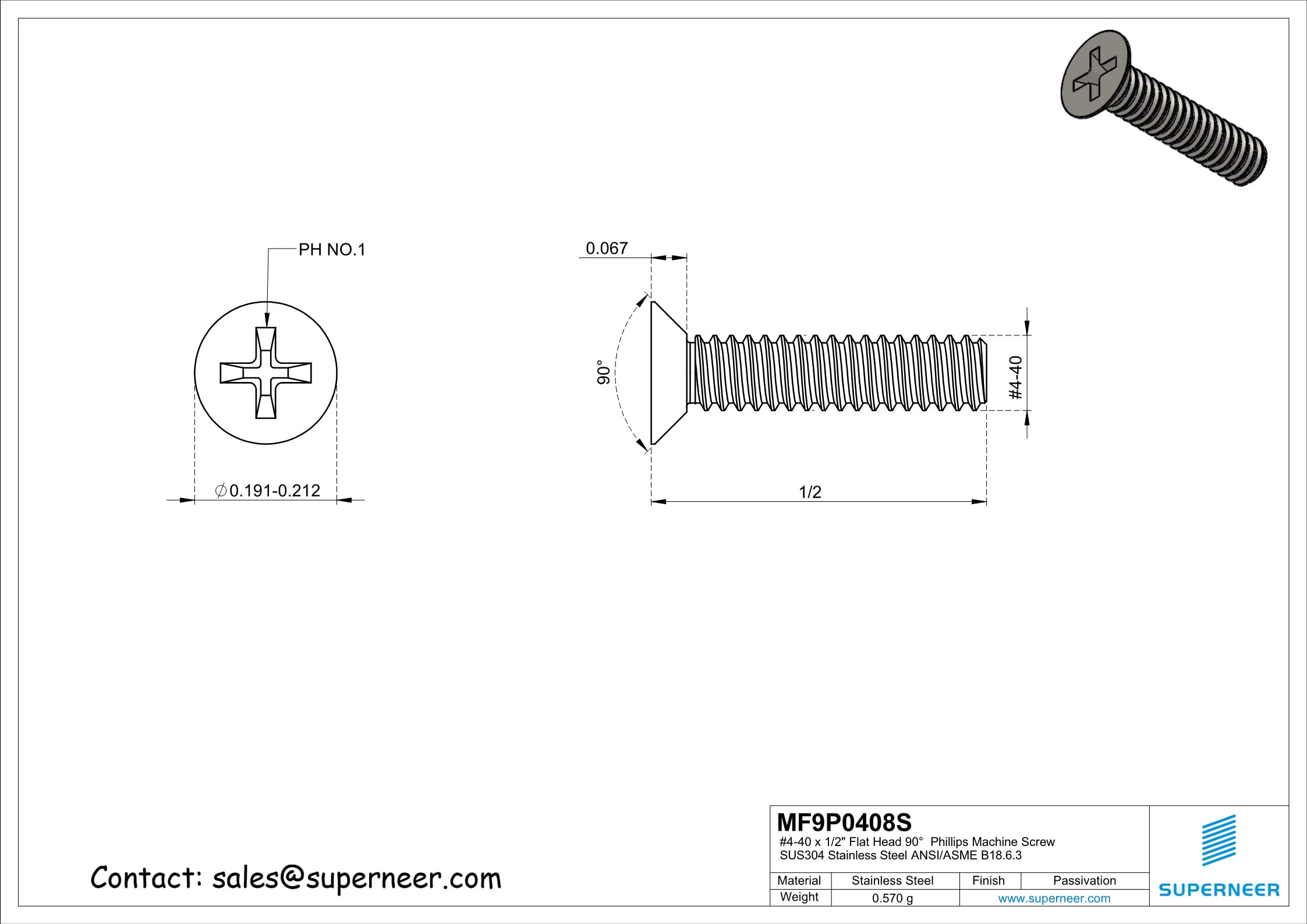 4-40 x 1/2" Flat Head 90°  Phillips Machine Screw SUS304 Stainless Steel Inox ANSI/ASME B18.6.3 