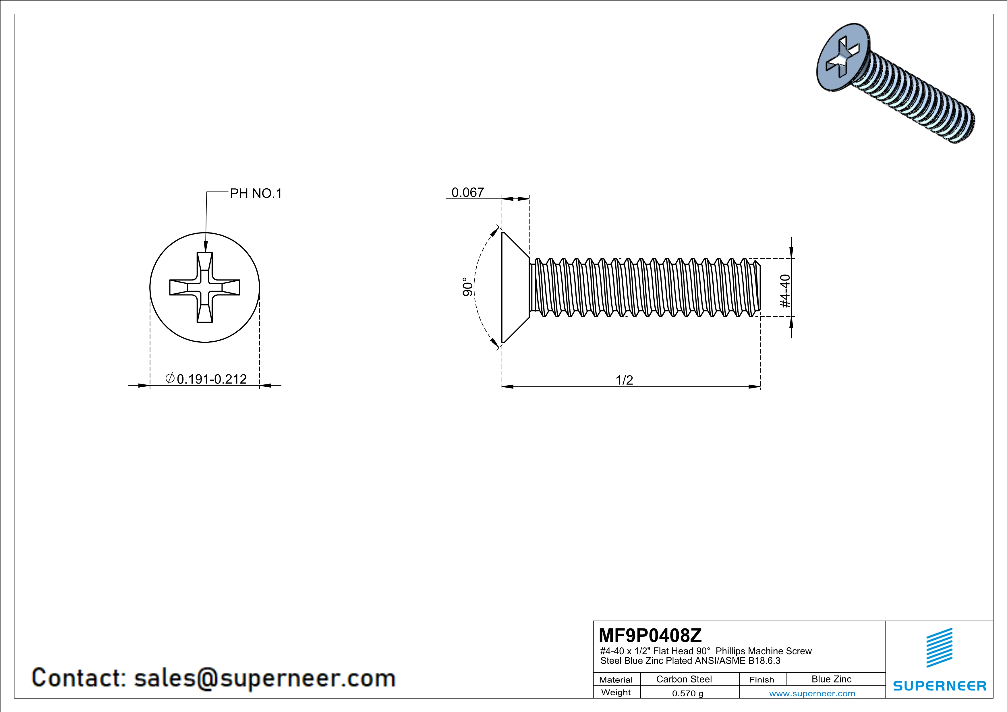 4-40 x 1/2" Flat Head 90° Phillips Machine Screw Steel Blue Zinc Plated ANSI/ASME B18.6.3 