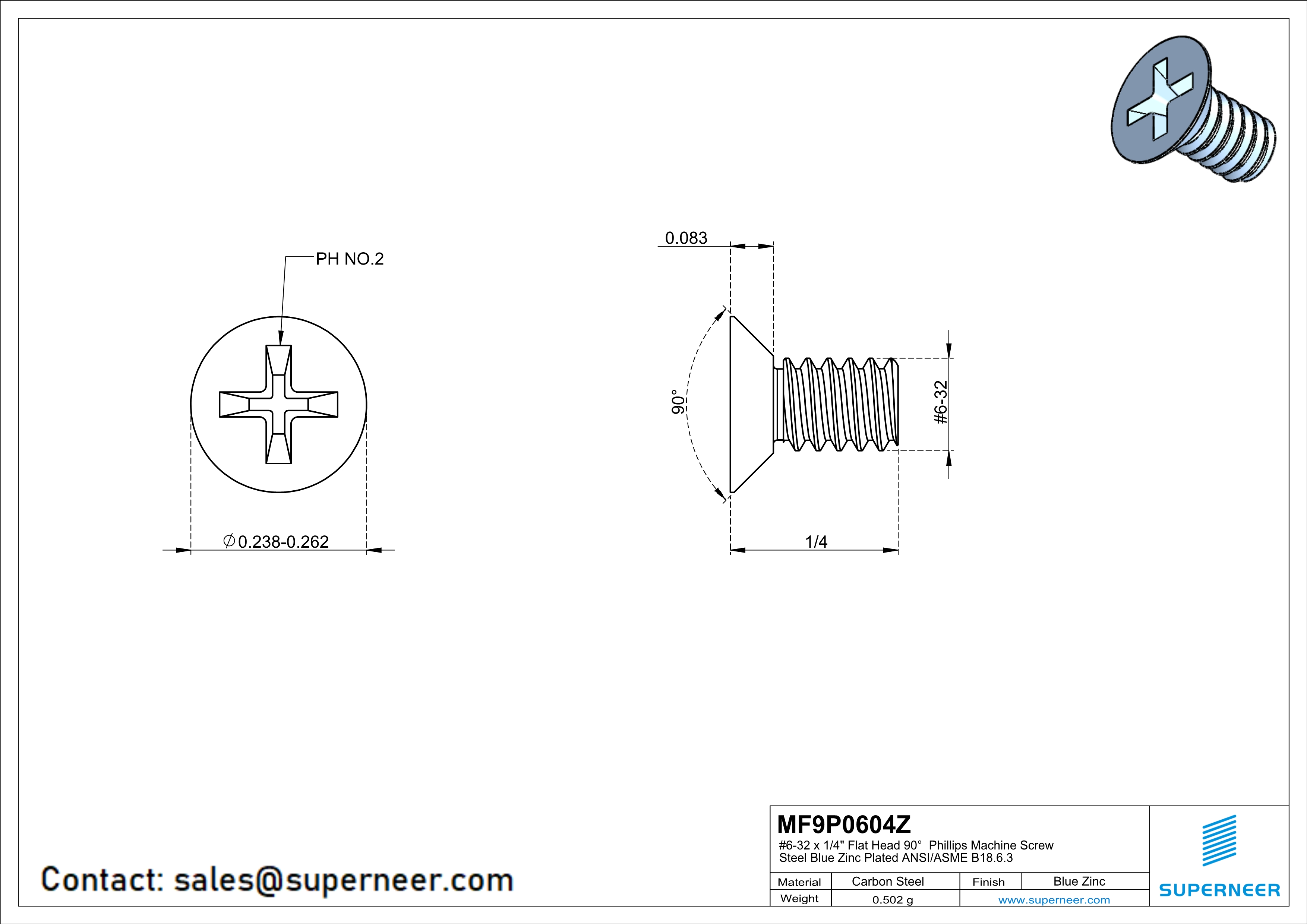 6-32 x 1/4" Flat Head 90° Phillips Machine Screw Steel Blue Zinc Plated ANSI/ASME B18.6.3 