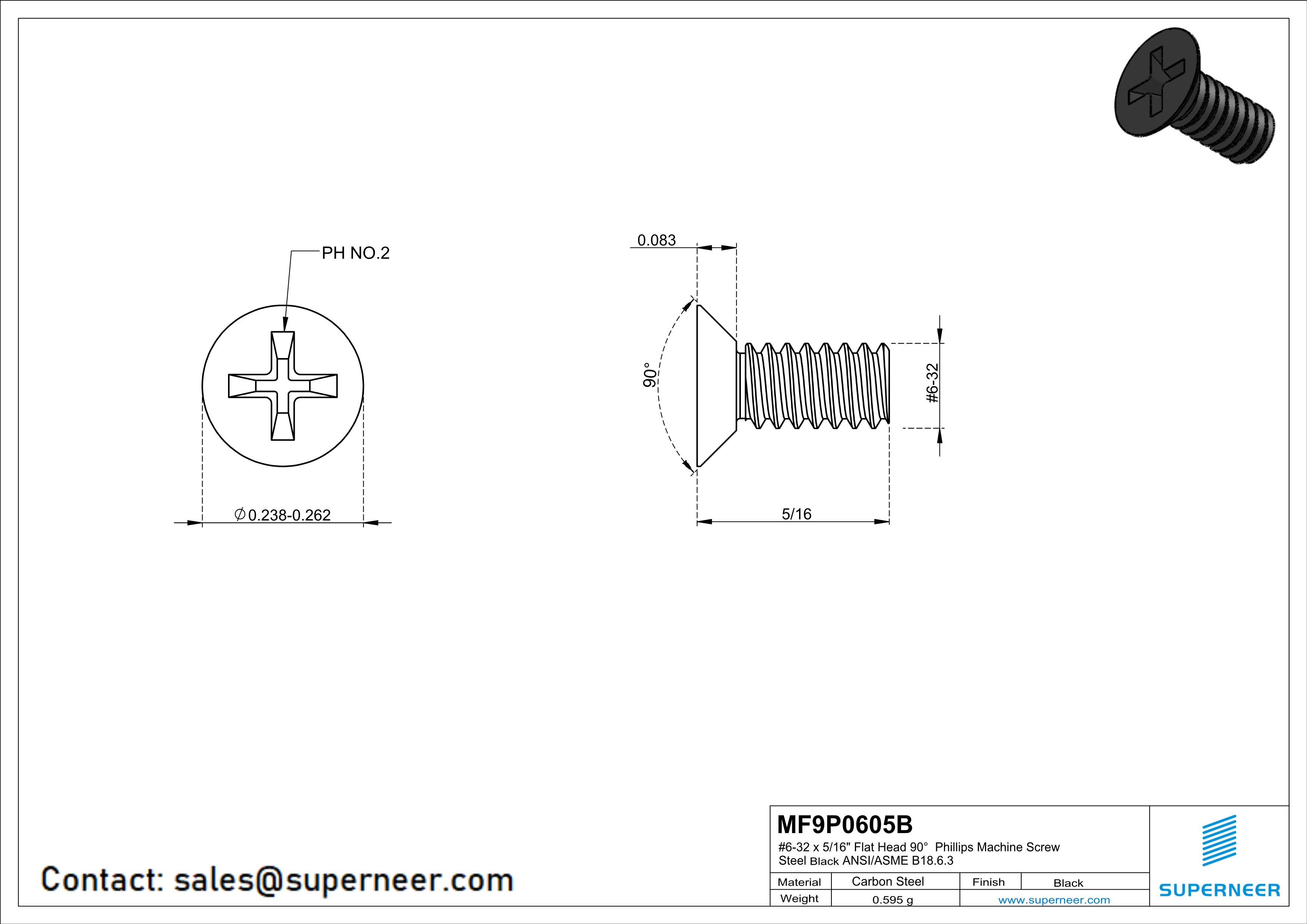 6-32 x 5/16" Flat Head 90° Phillips Machine Screw Steel Black ANSI/ASME B18.6.3 