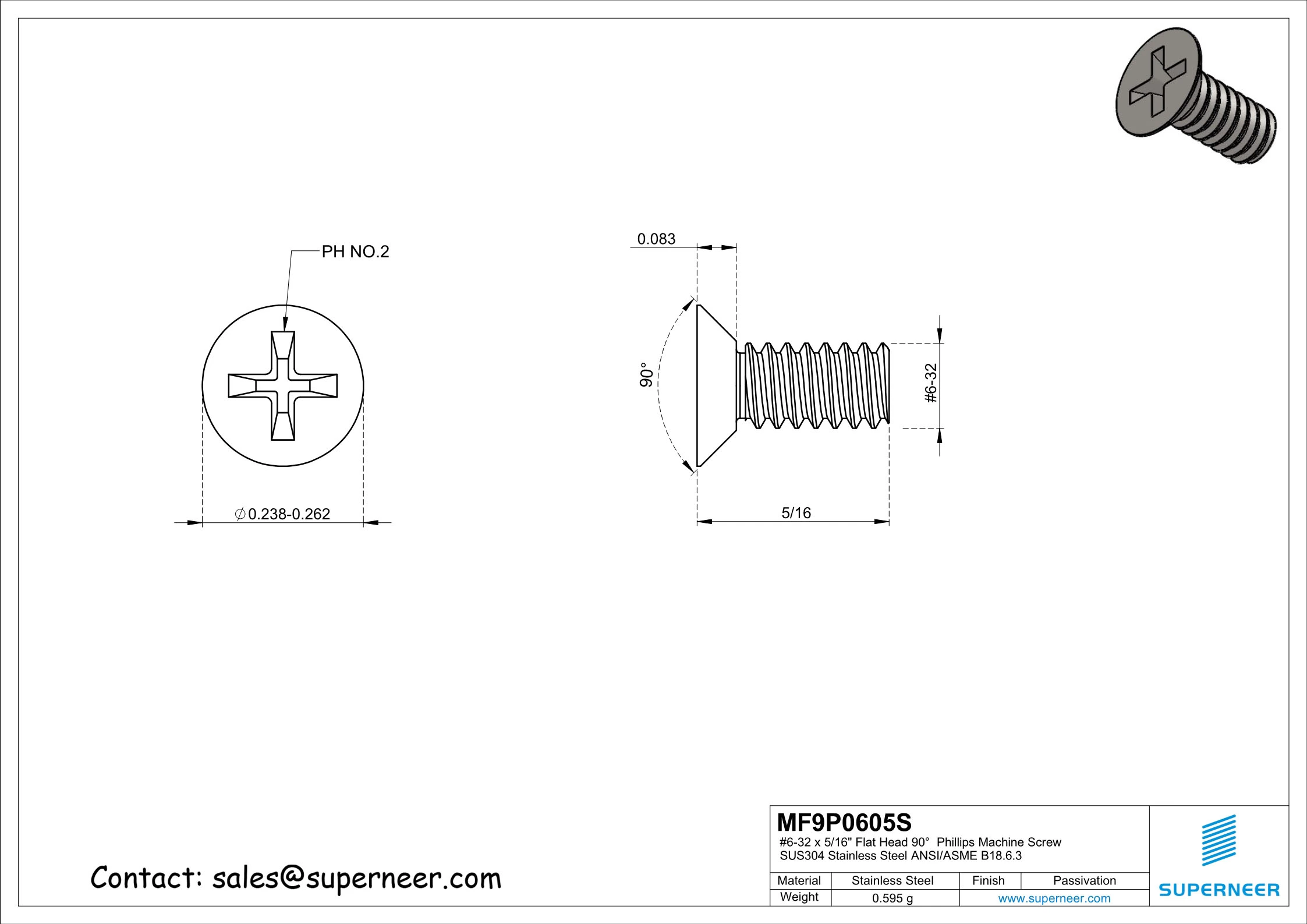 6-32 x 5/16" Flat Head 90°  Phillips Machine Screw SUS304 Stainless Steel Inox ANSI/ASME B18.6.3 