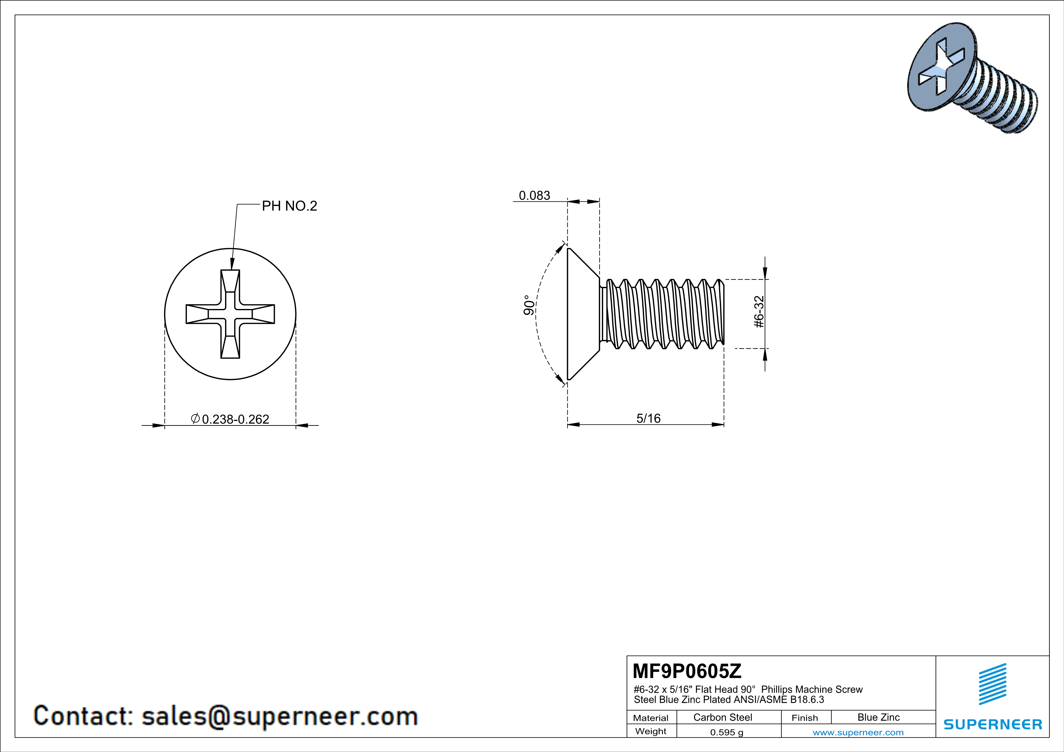 6-32 x 5/16" Flat Head 90° Phillips Machine Screw Steel Blue Zinc Plated ANSI/ASME B18.6.3 