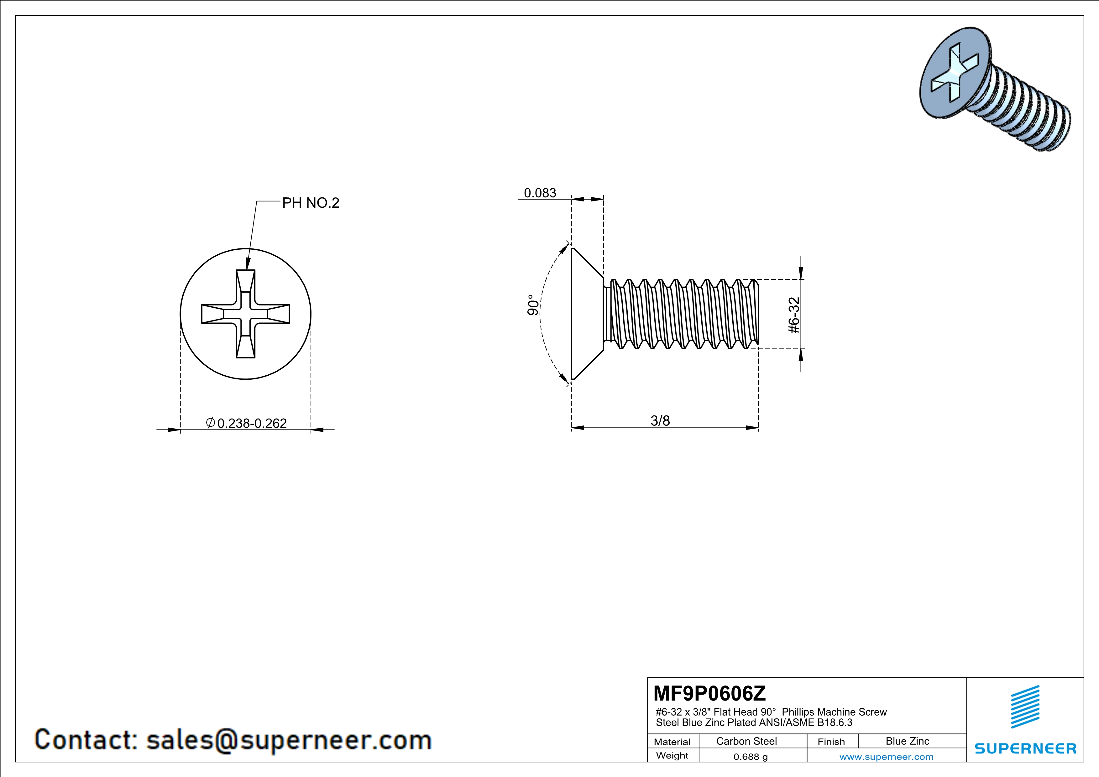 6-32 x 3/8" Flat Head 90° Phillips Machine Screw Steel Blue Zinc Plated ANSI/ASME B18.6.3 