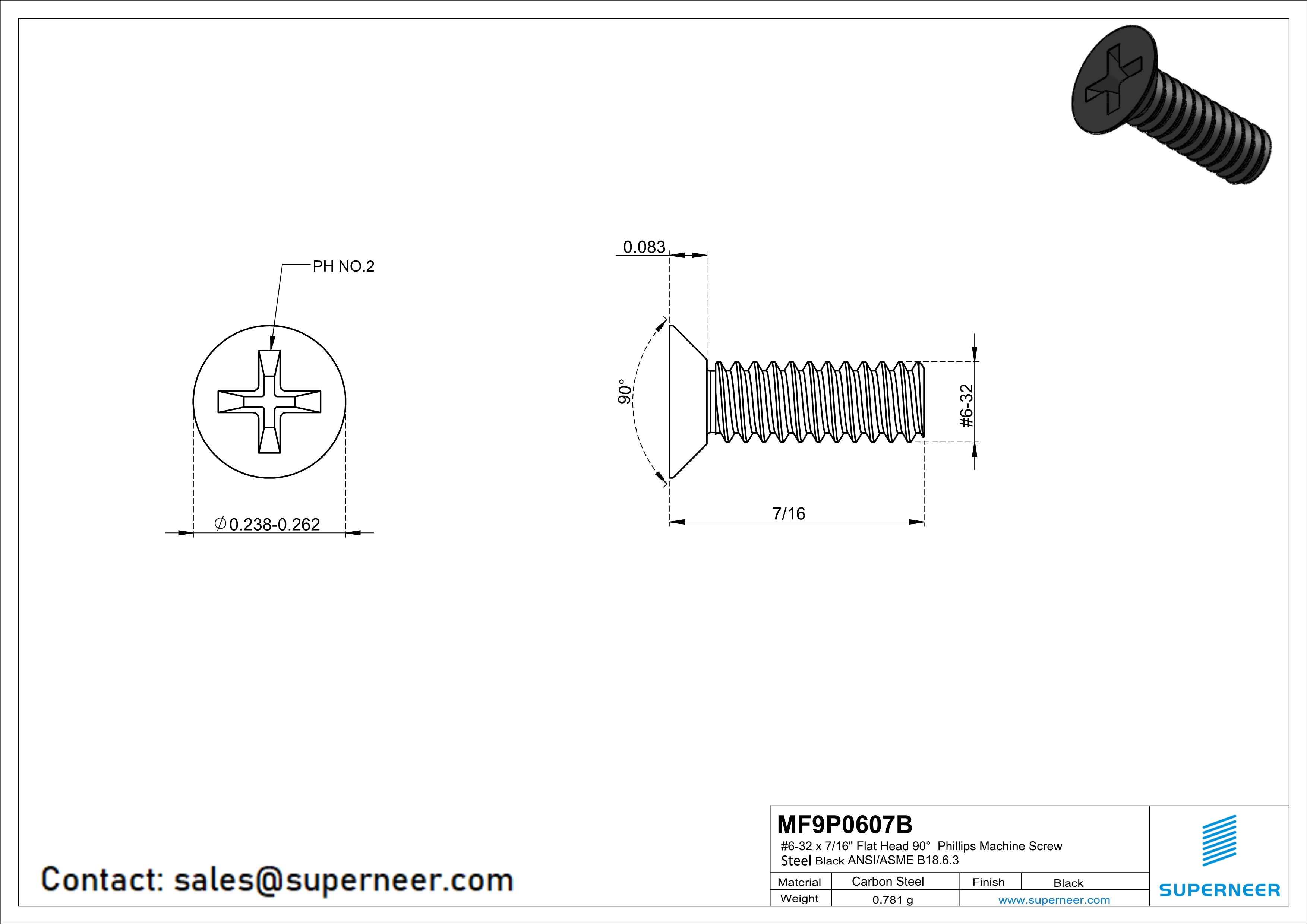 6-32 x 7/16" Flat Head 90° Phillips Machine Screw Steel Black ANSI/ASME B18.6.3 