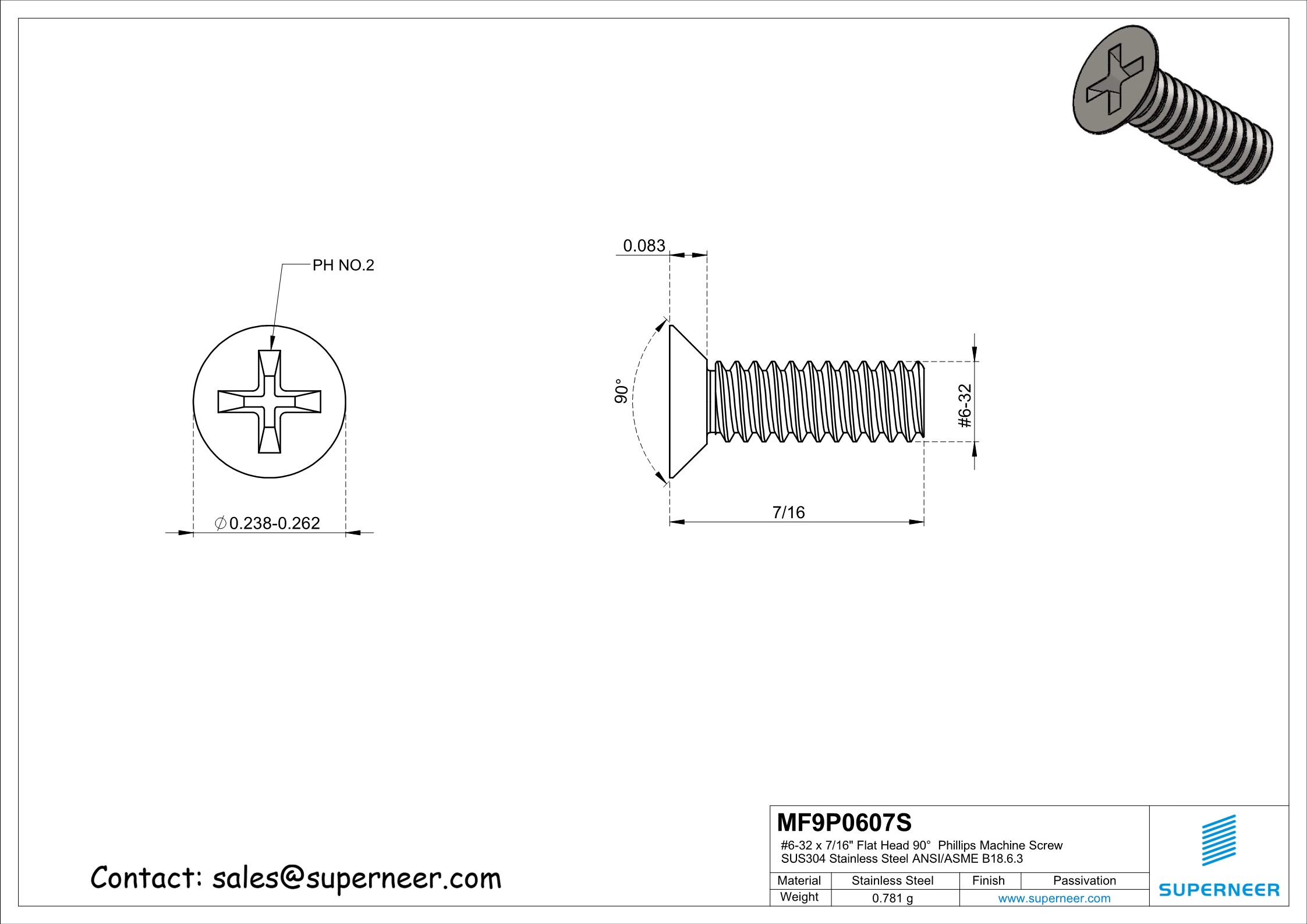 6-32  x 7/16" Flat Head 90°  Phillips Machine Screw SUS304 Stainless Steel Inox ANSI/ASME B18.6.3 