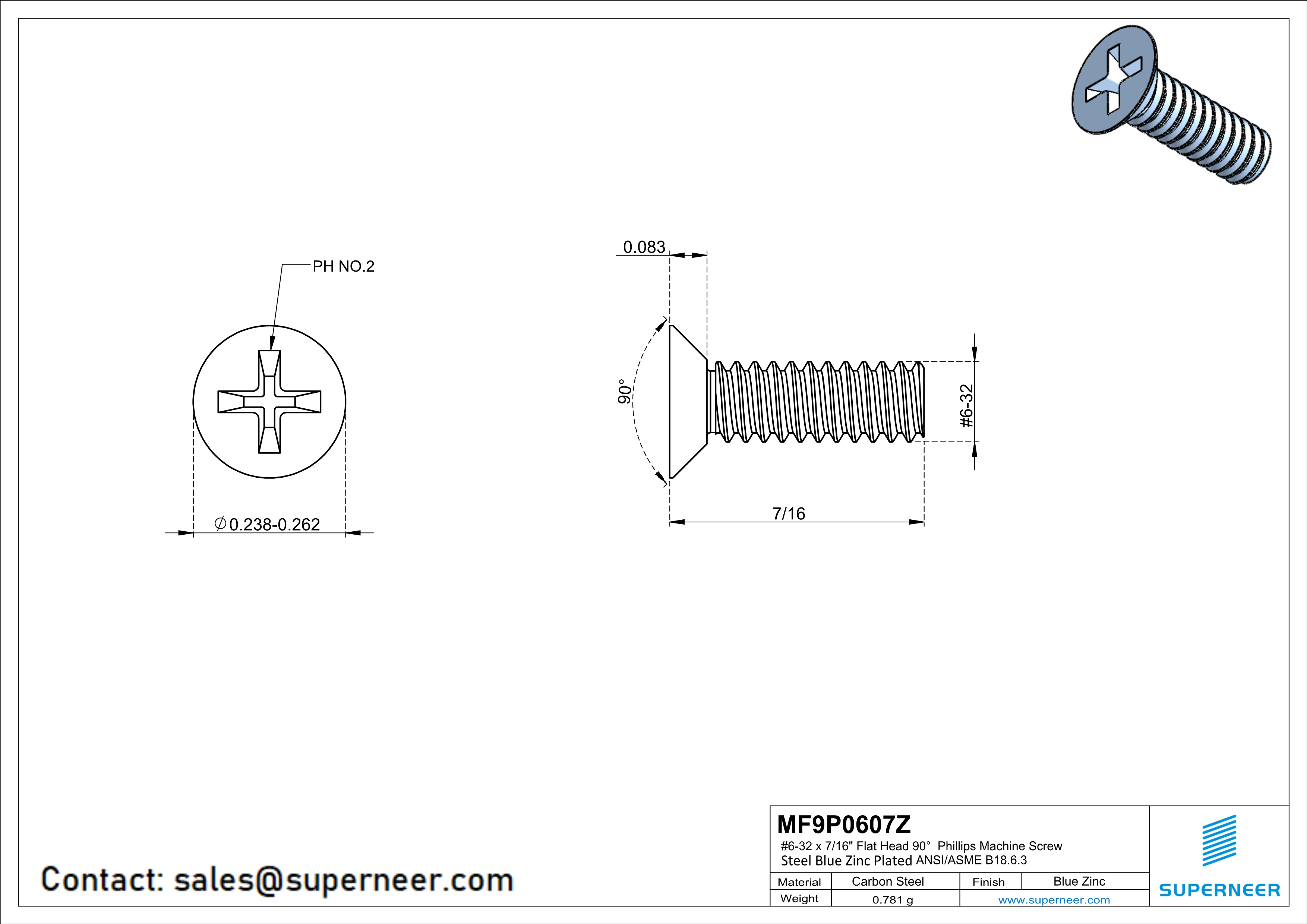 6-32 x 7/16" Flat Head 90° Phillips Machine Screw Steel Blue Zinc Plated ANSI/ASME B18.6.3 