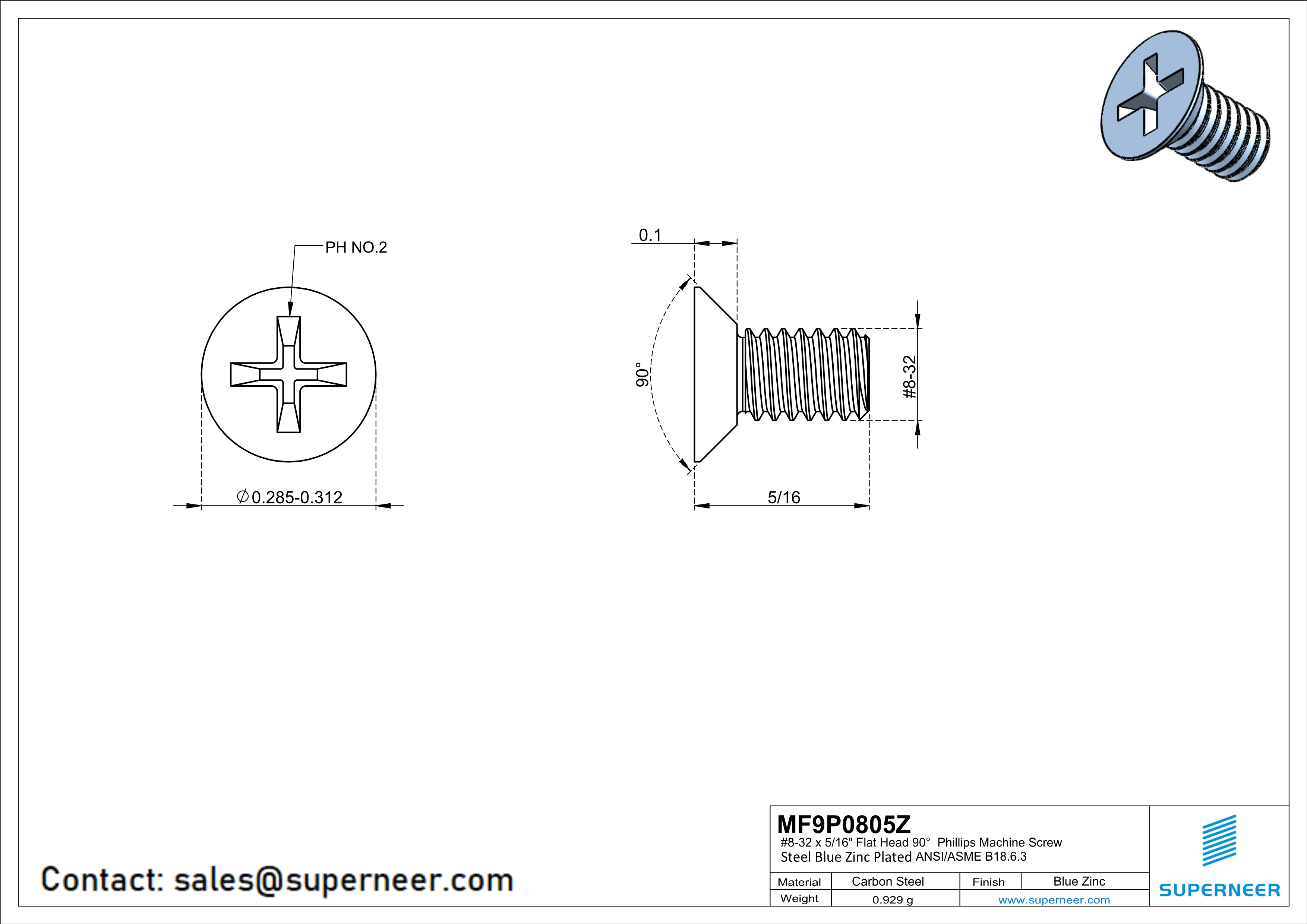 8-32 x 5/16" Flat Head 90° Phillips Machine Screw Steel Blue Zinc Plated ANSI/ASME B18.6.3 