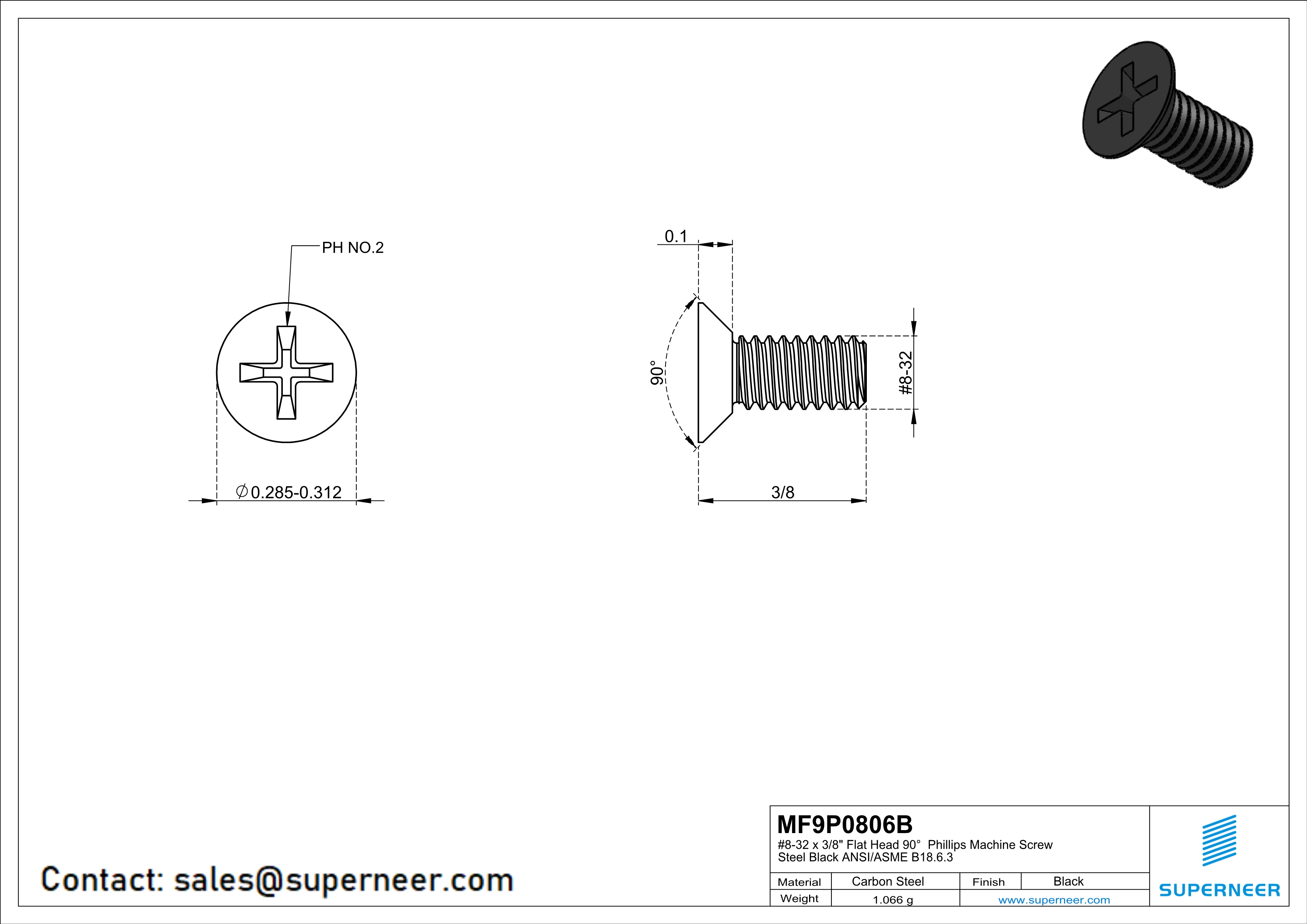 8-32 x 3/8" Flat Head 90° Phillips Machine Screw Steel Black ANSI/ASME B18.6.3 