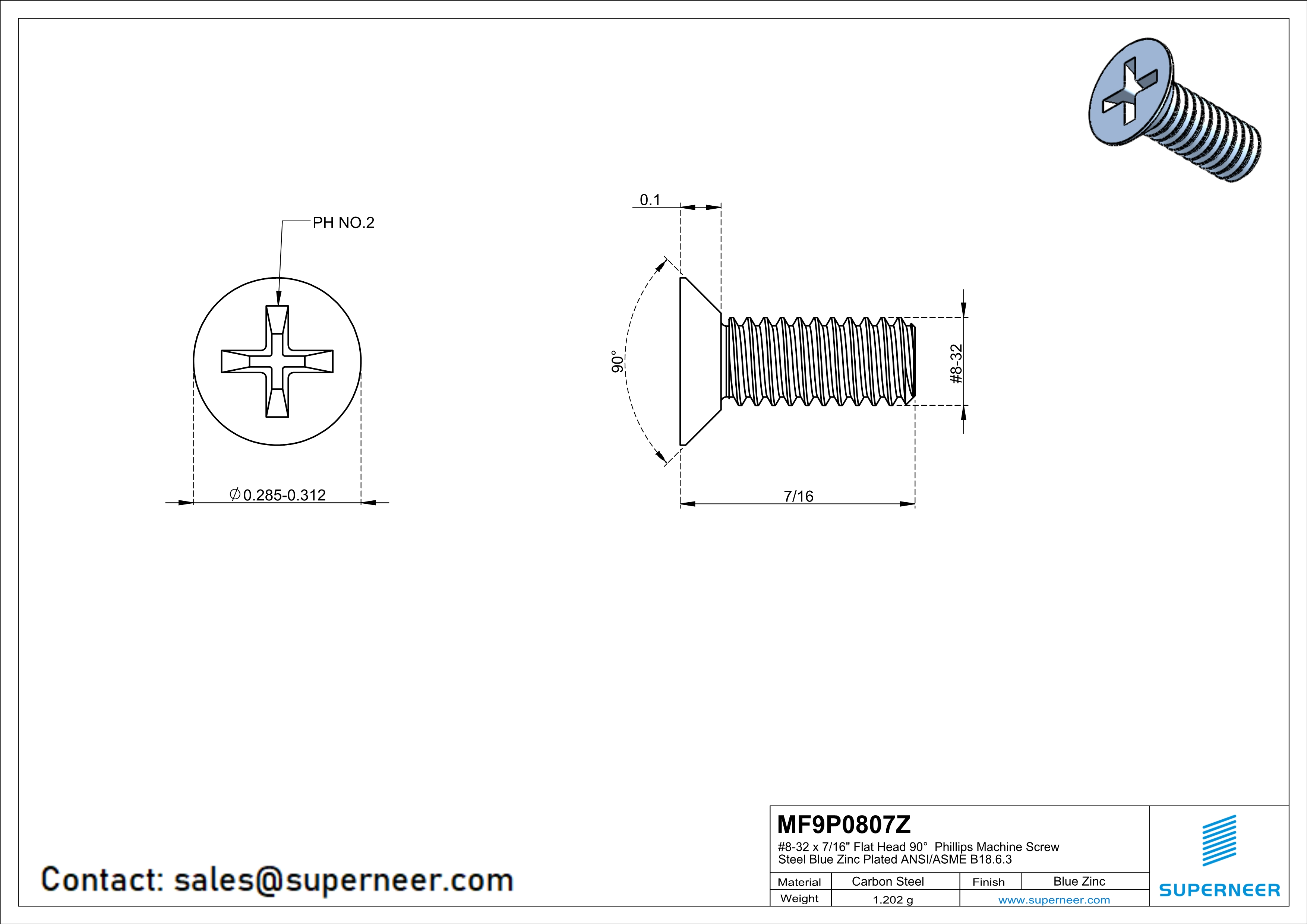 8-32 x 7/16" Flat Head 90° Phillips Machine Screw Steel Blue Zinc Plated ANSI/ASME B18.6.3 