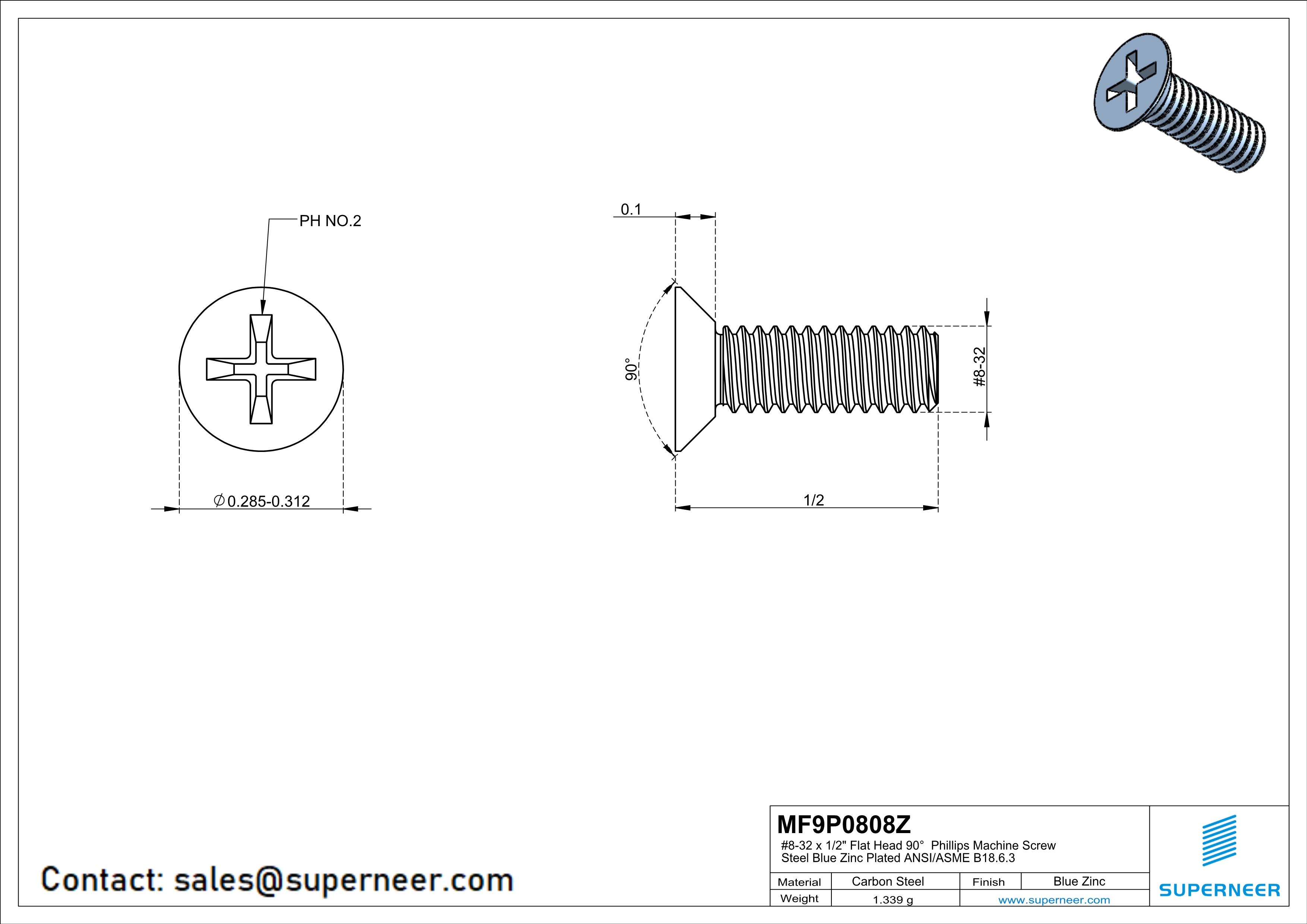 8-32 x 1/2" Flat Head 90° Phillips Machine Screw Steel Blue Zinc Plated ANSI/ASME B18.6.3 