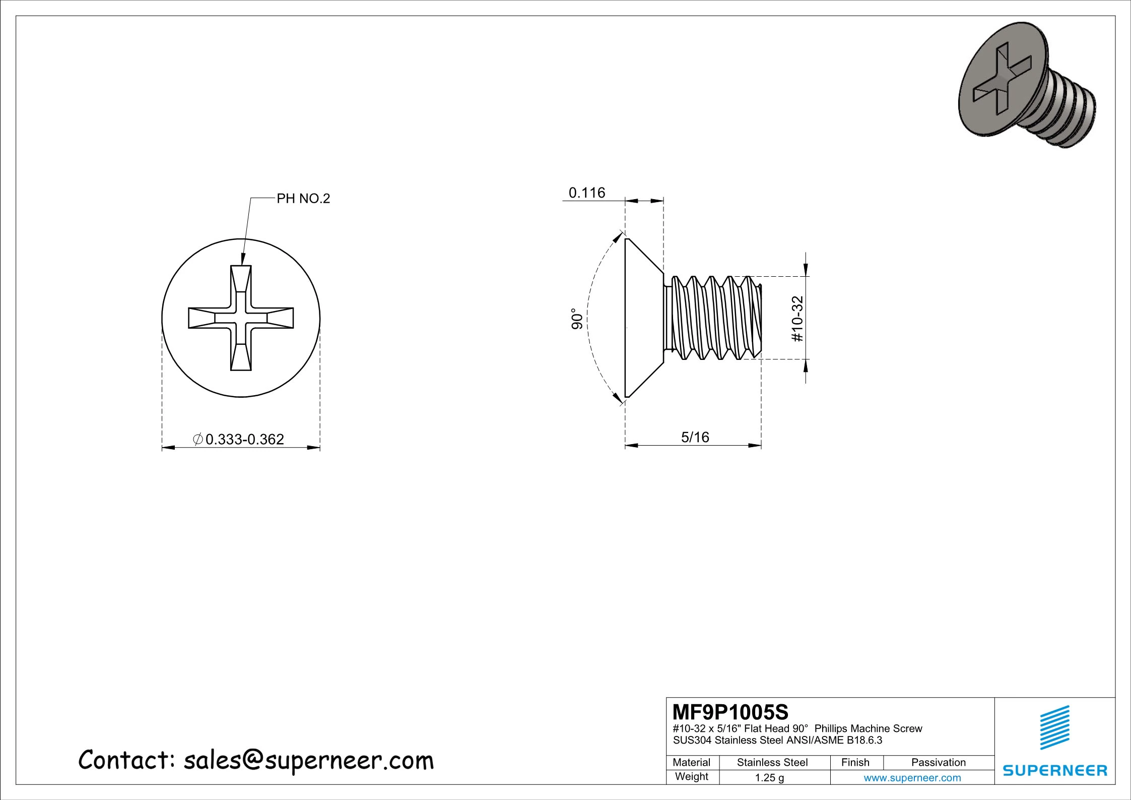 10-32 x 5/16" Flat Head 90°  Phillips Machine Screw SUS304 Stainless Steel Inox ANSI/ASME B18.6.3 