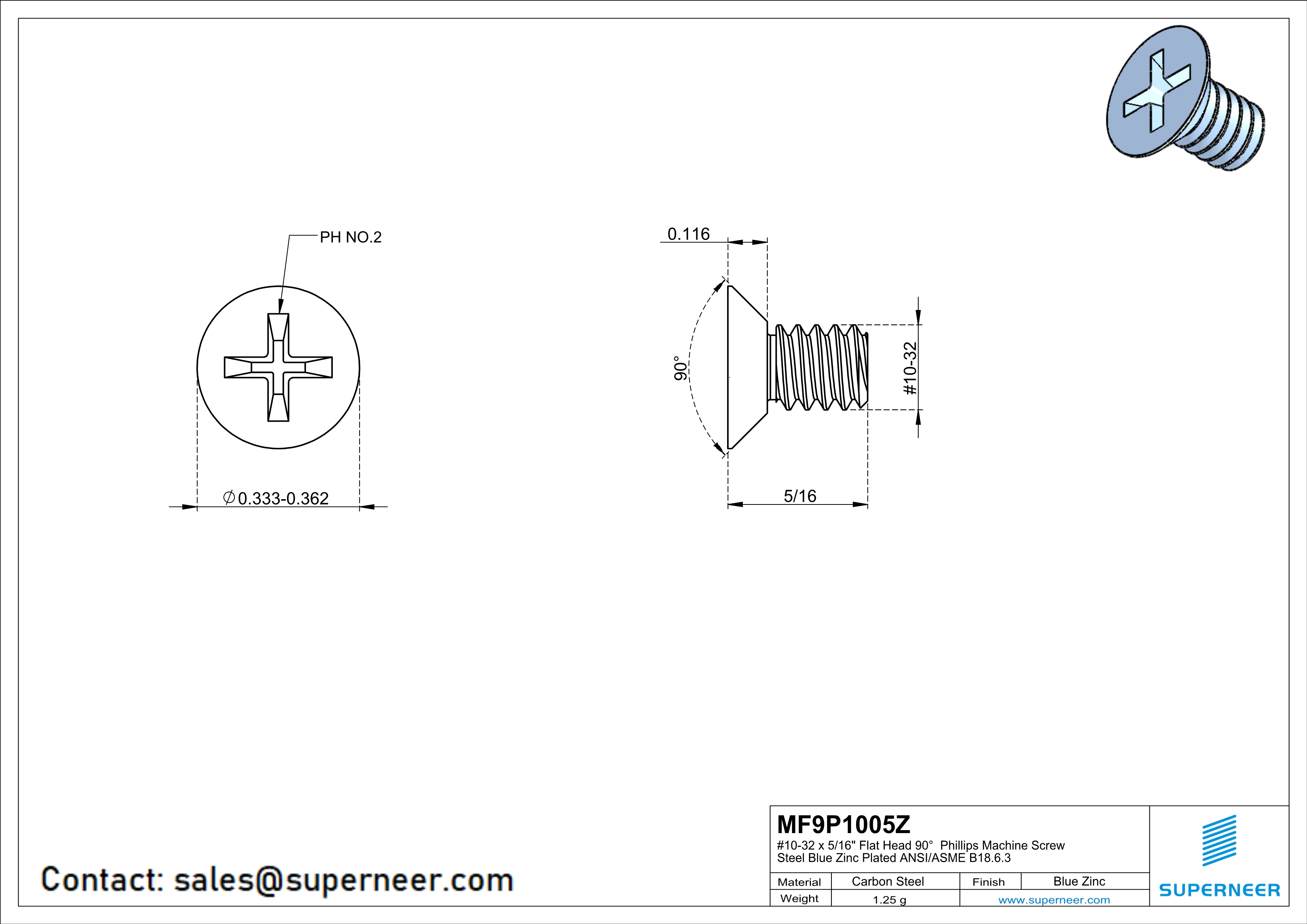 10-32 x 5/16" Flat Head 90° Phillips Machine Screw Steel Blue Zinc Plated ANSI/ASME B18.6.3 