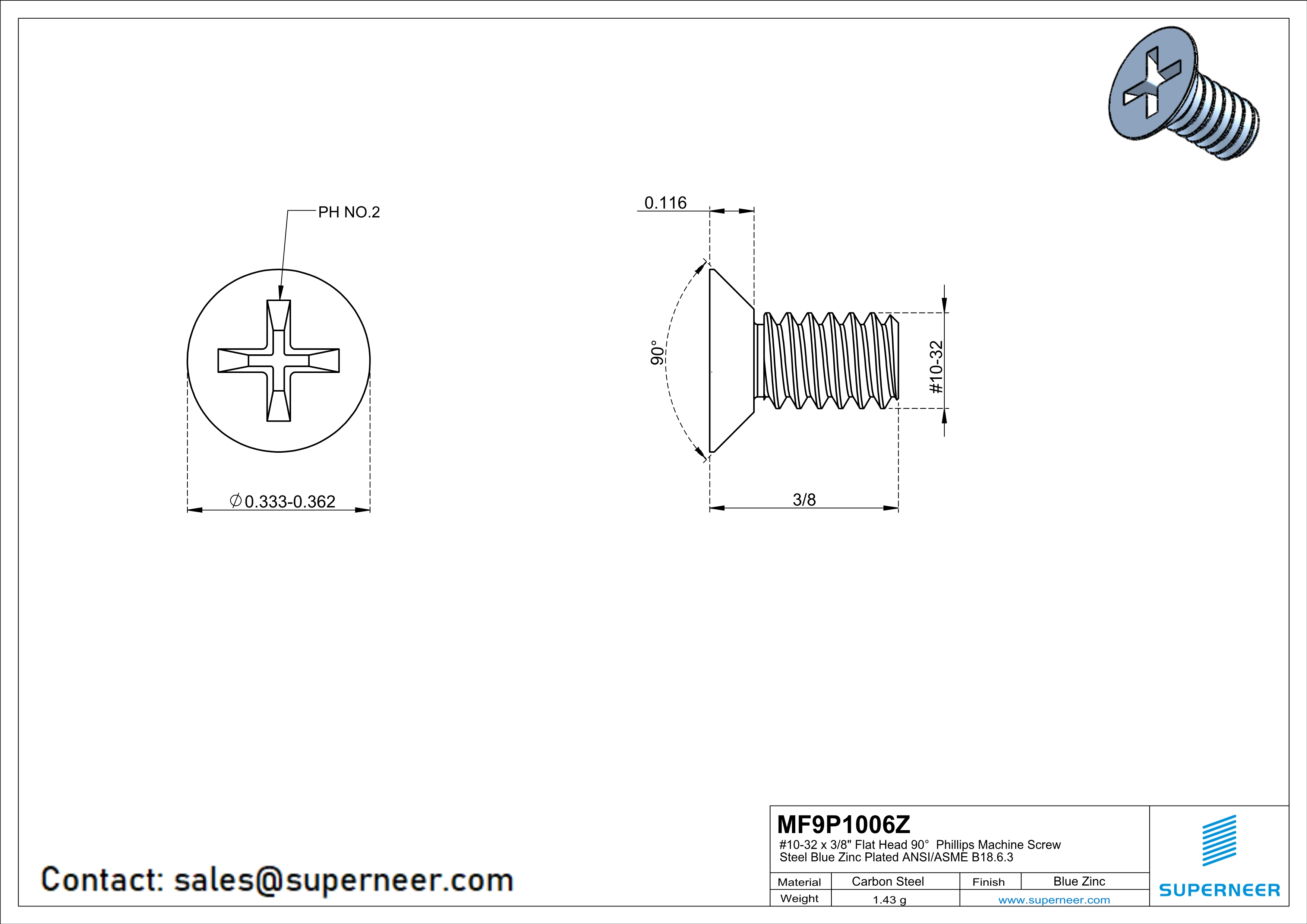 10-32 x 3/8" Flat Head 90° Phillips Machine Screw Steel Blue Zinc Plated ANSI/ASME B18.6.3 