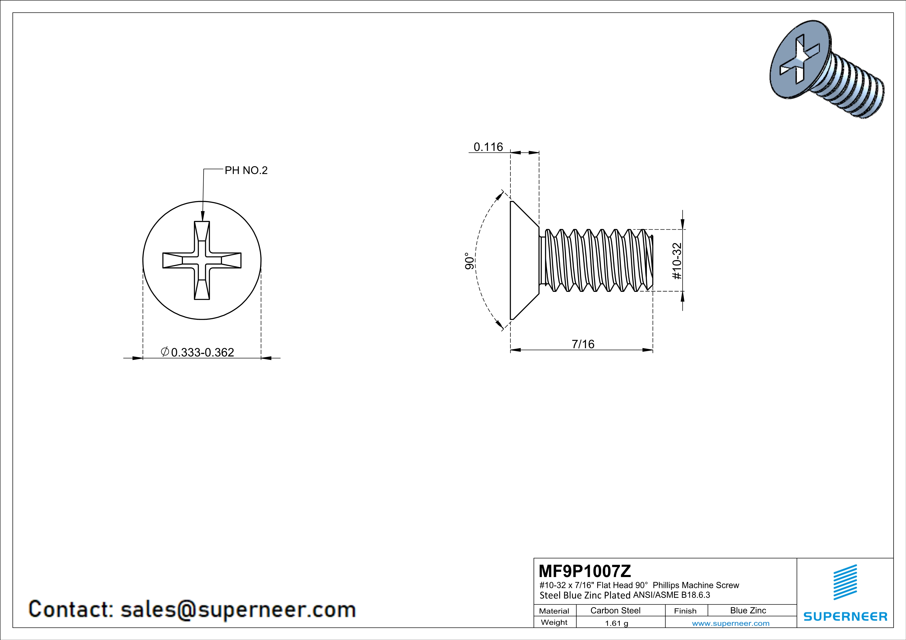 10-32 x 7/16" Flat Head 90° Phillips Machine Screw Steel Blue Zinc Plated ANSI/ASME B18.6.3 