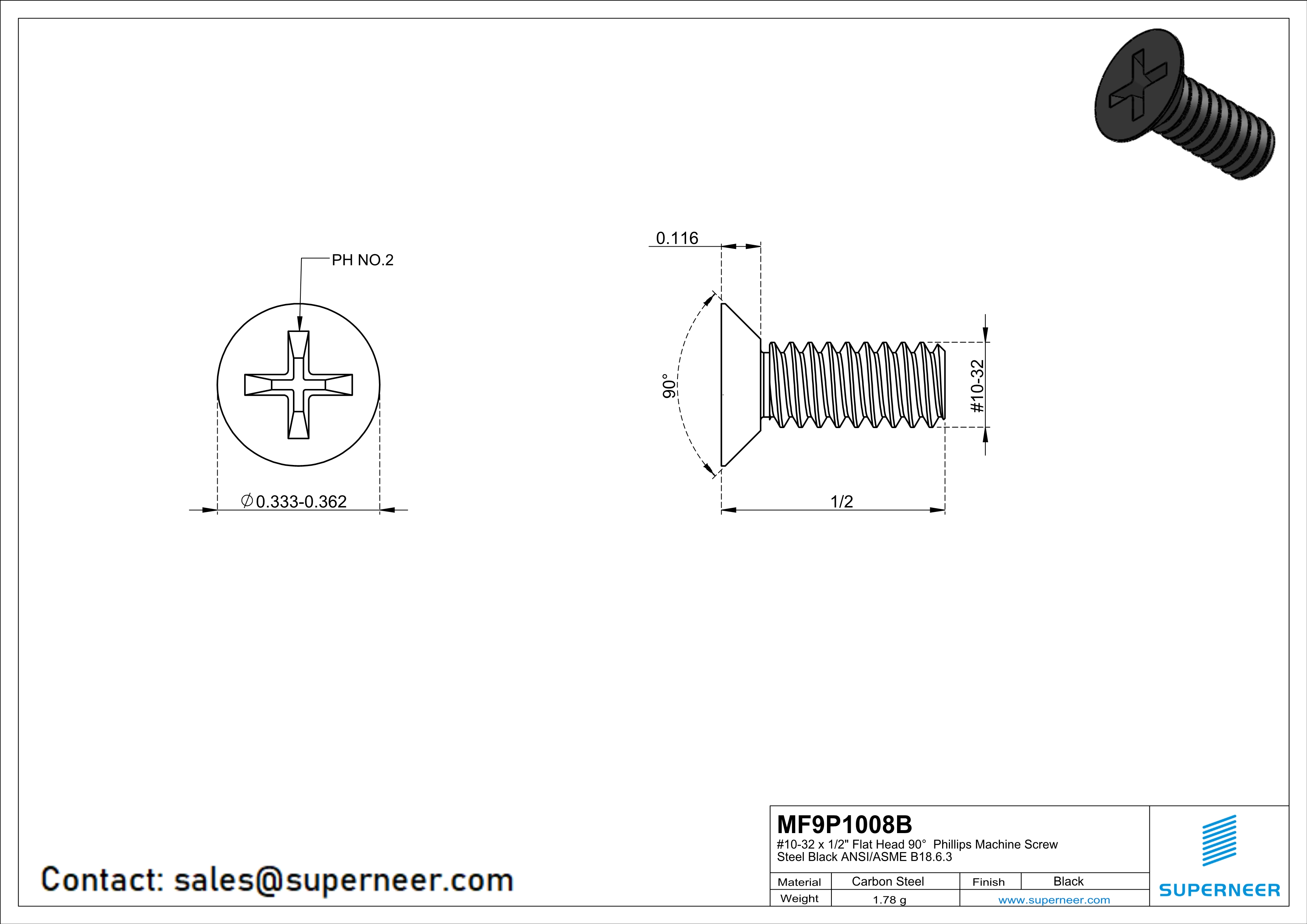 10-32 x 1/2" Flat Head 90° Phillips Machine Screw Steel Black ANSI/ASME B18.6.3 