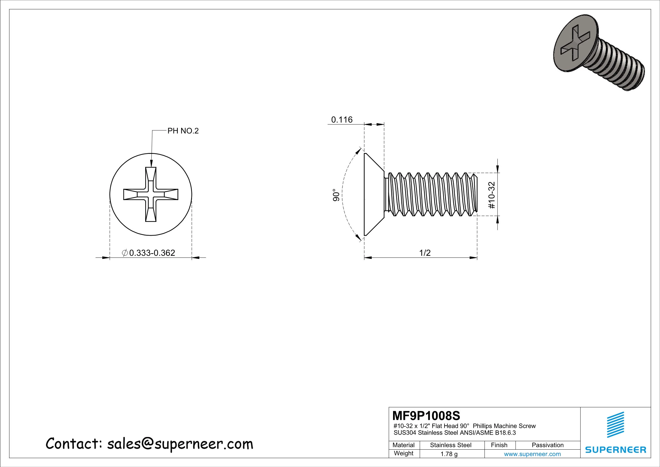 10-32 x 1/2" Flat Head 90°  Phillips Machine Screw SUS304 Stainless Steel Inox ANSI/ASME B18.6.3 