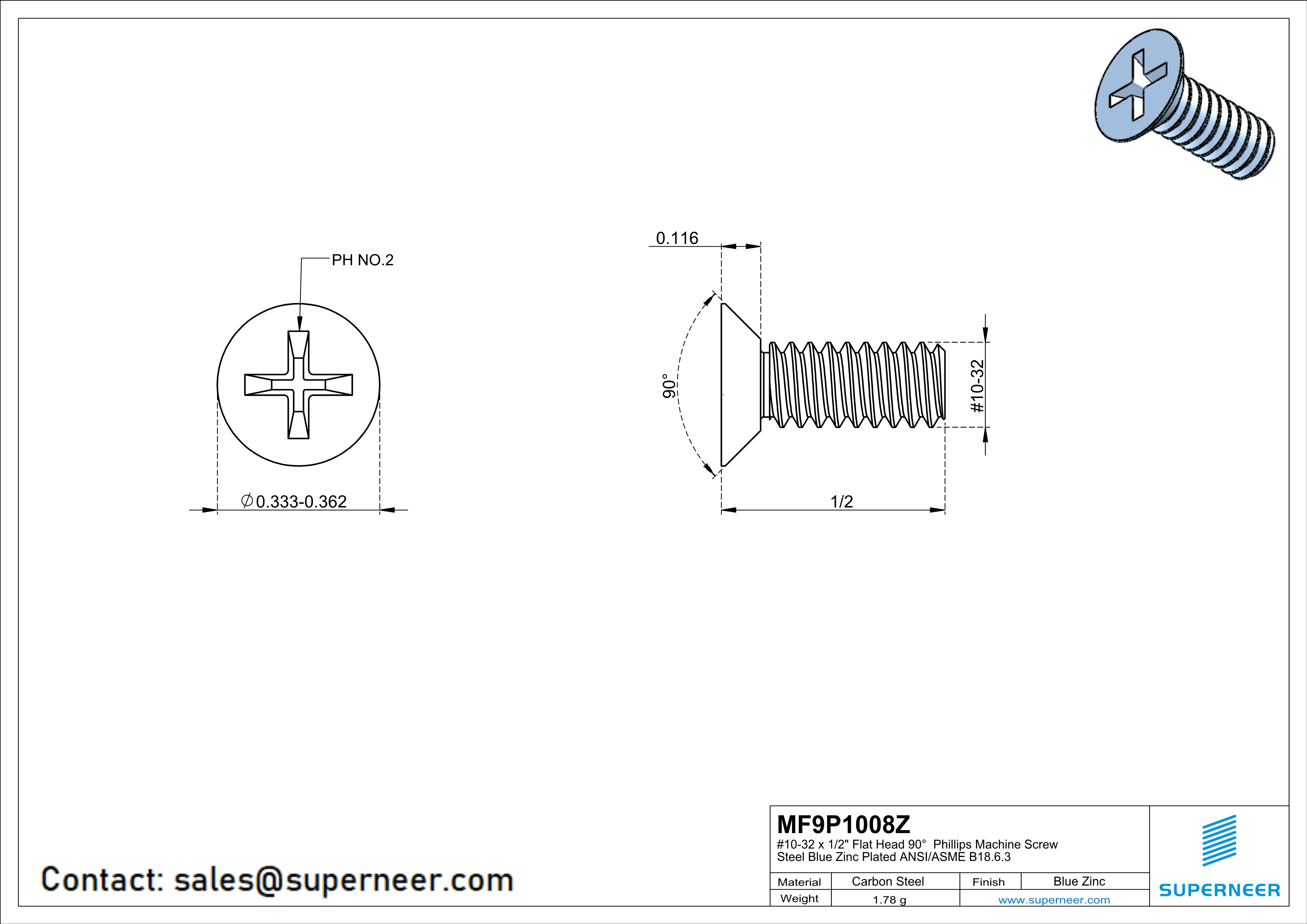 10-32 x 1/2" Flat Head 90° Phillips Machine Screw Steel Blue Zinc Plated ANSI/ASME B18.6.3 