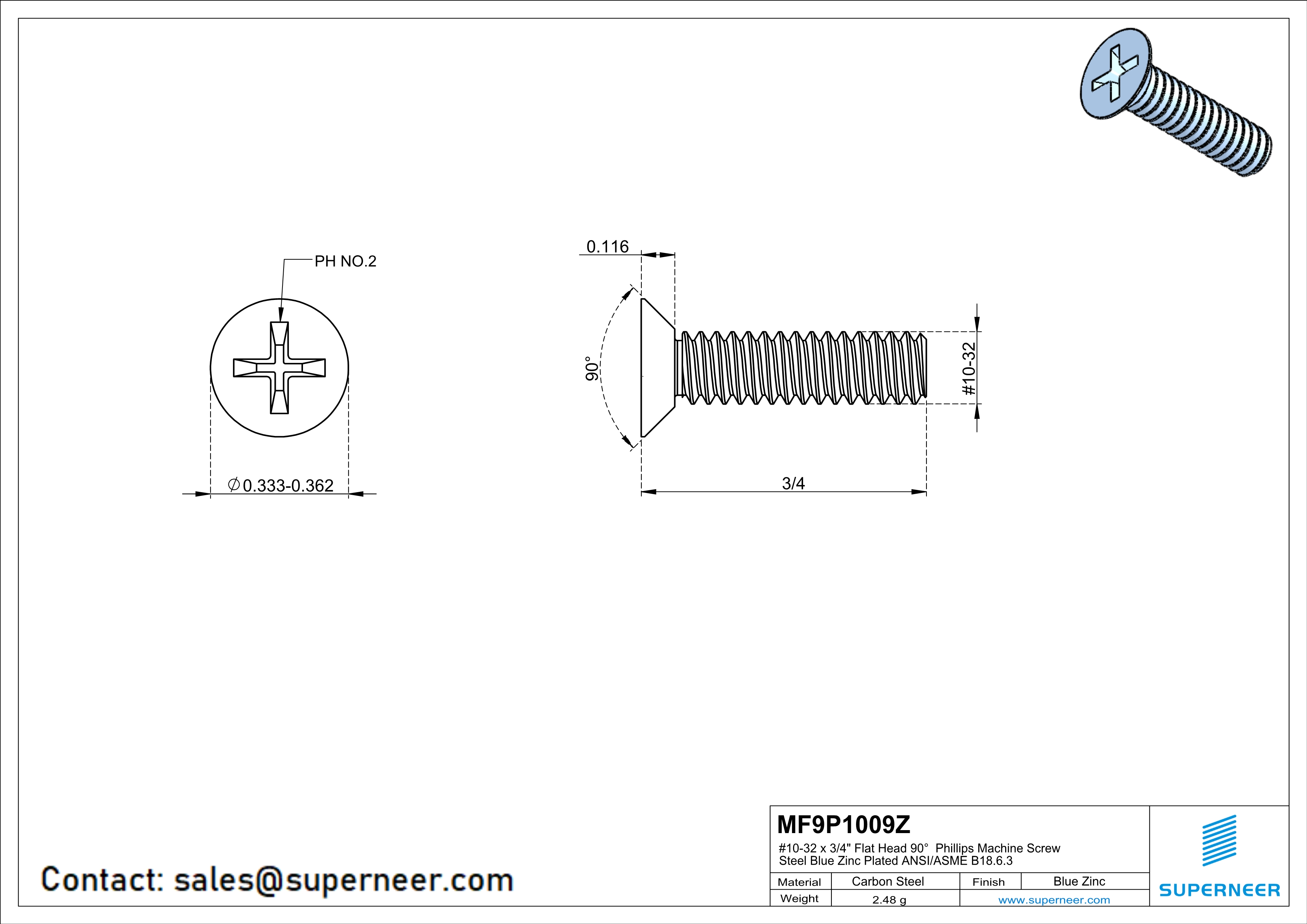 10-32 x 3/4" Flat Head 90° Phillips Machine Screw Steel Blue Zinc Plated ANSI/ASME B18.6.3 