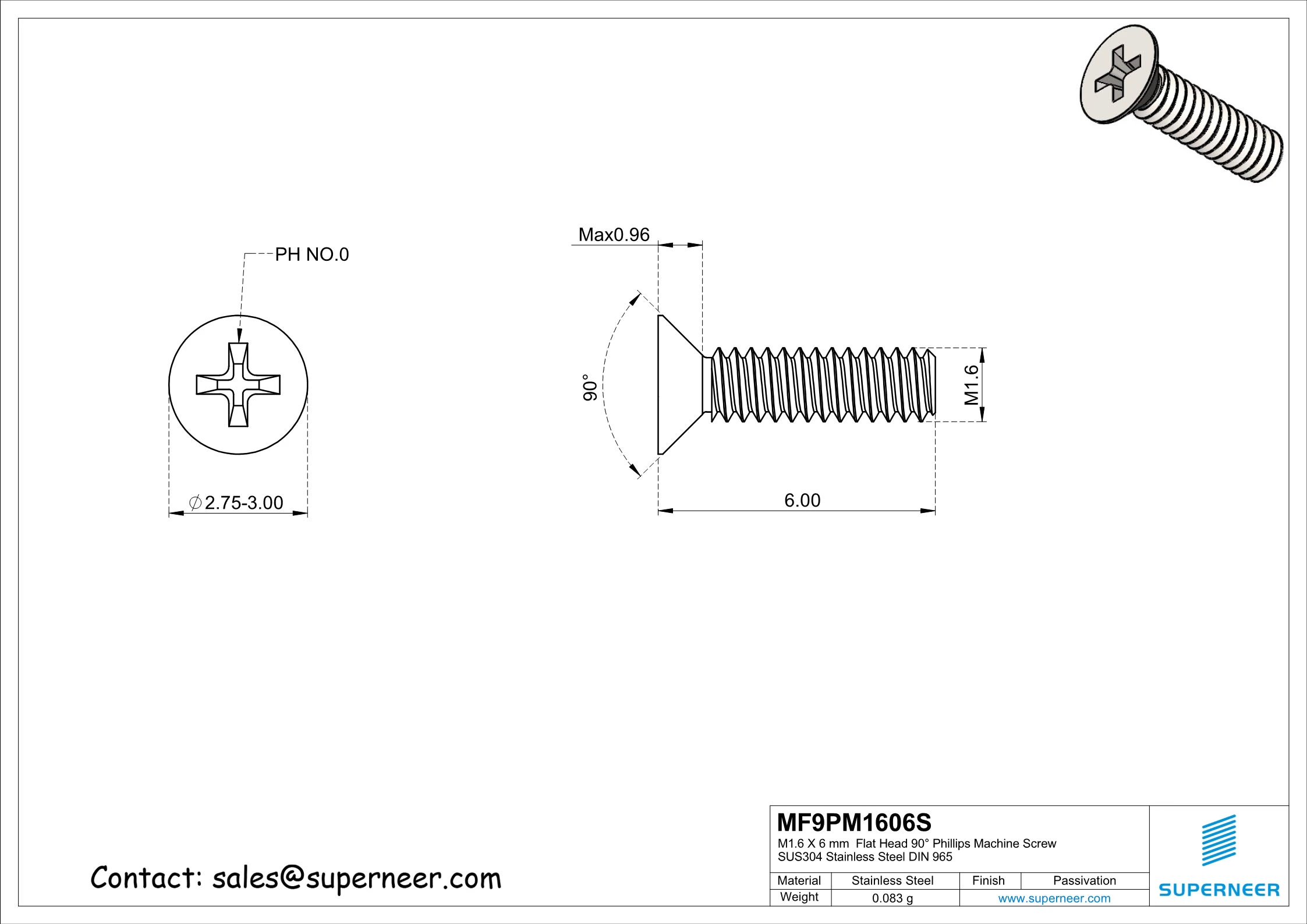 M1.6  x 6 mm  Flat Head 90° Phillips Machine Screw SUS304 Stainless Steel Inox DIN 965