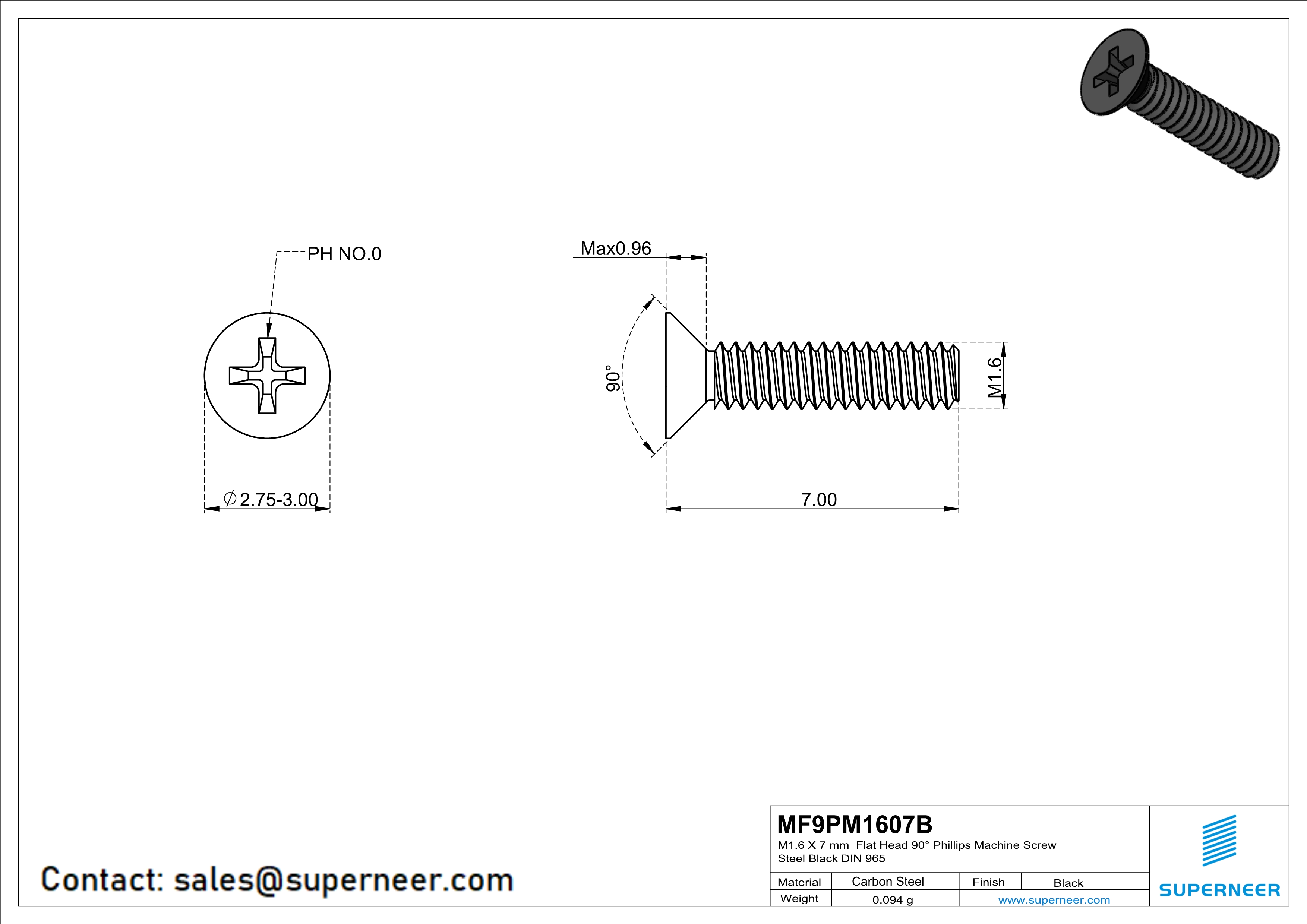 M1.6 x 7 mm Flat Head 90° Phillips Machine Screw Steel Black DIN 965