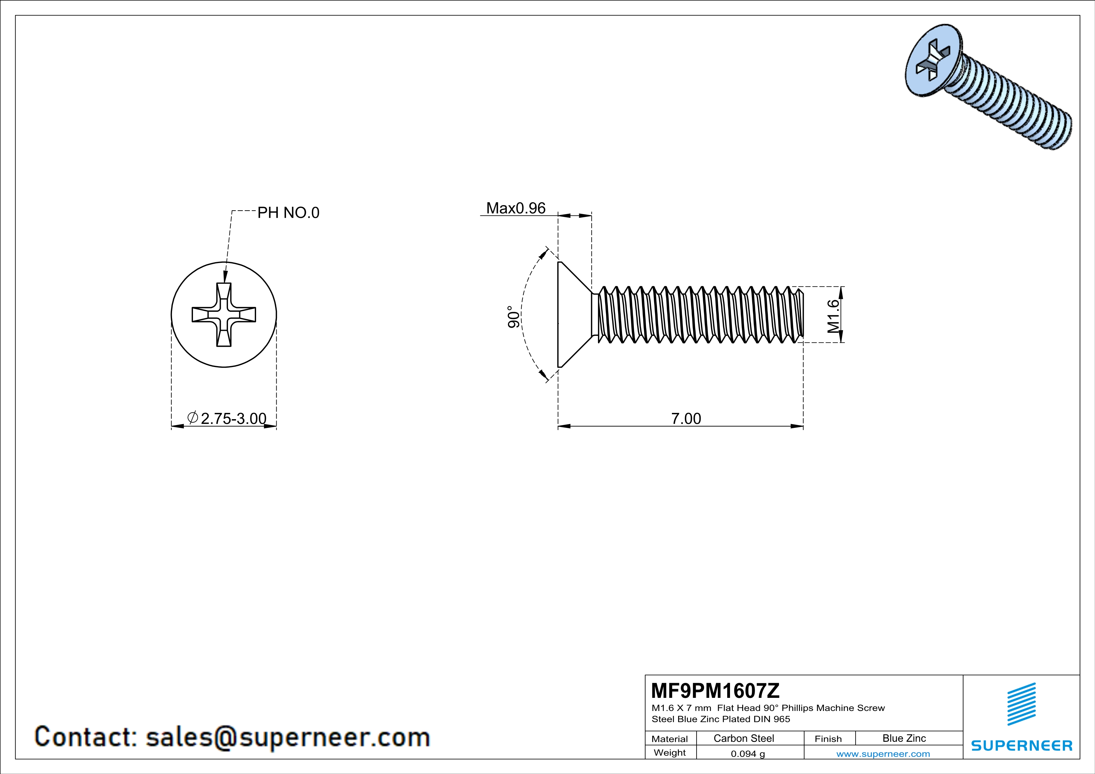 M1.6 x 7 mm Flat Head 90° Phillips Machine Screw Steel Blue Zinc Plated DIN 965