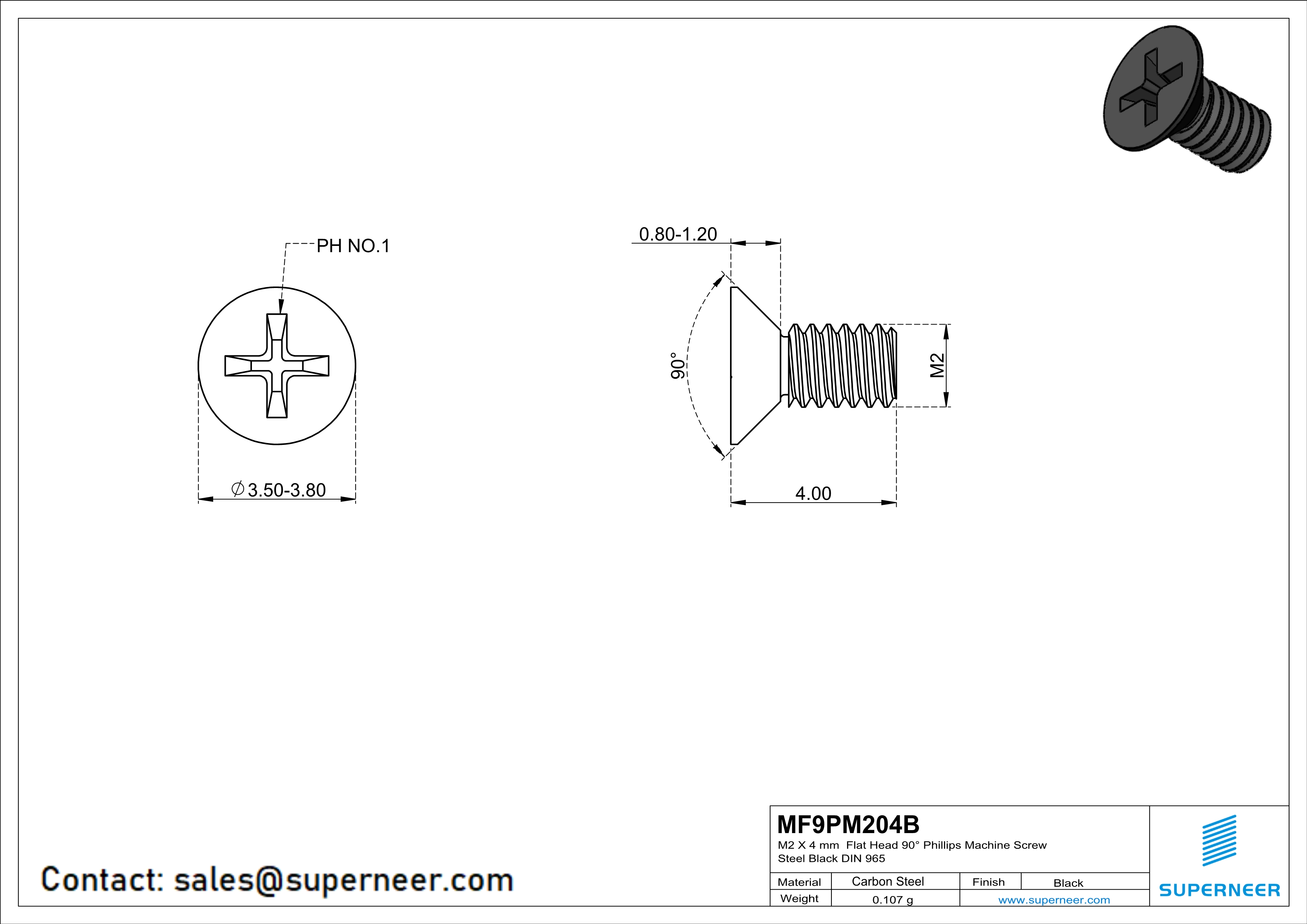 M2 x 4 mm Flat Head 90° Phillips Machine Screw Steel Black DIN 965