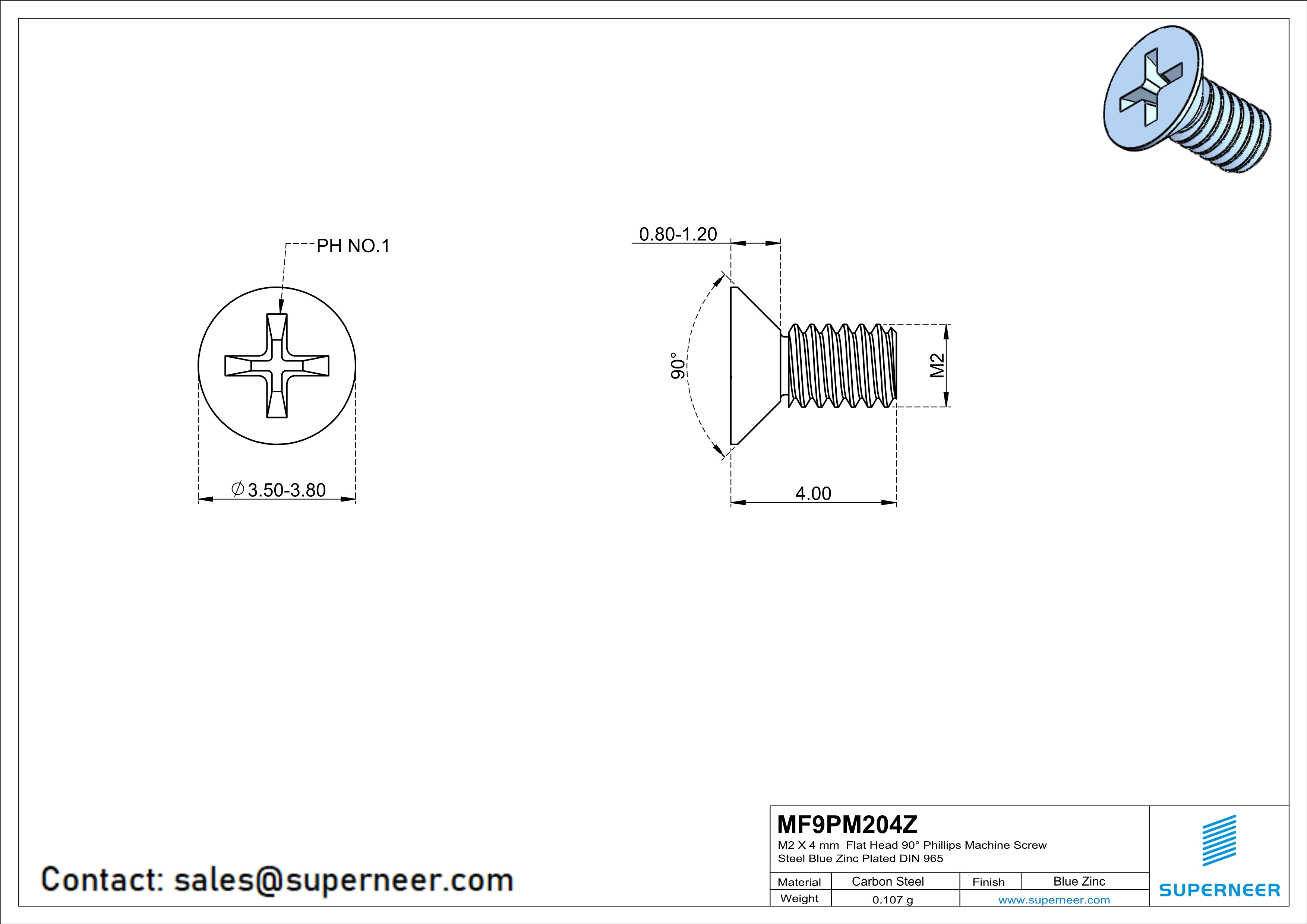 M2 x 4 mm Flat Head 90° Phillips Machine Screw Steel Blue Zinc Plated DIN 965