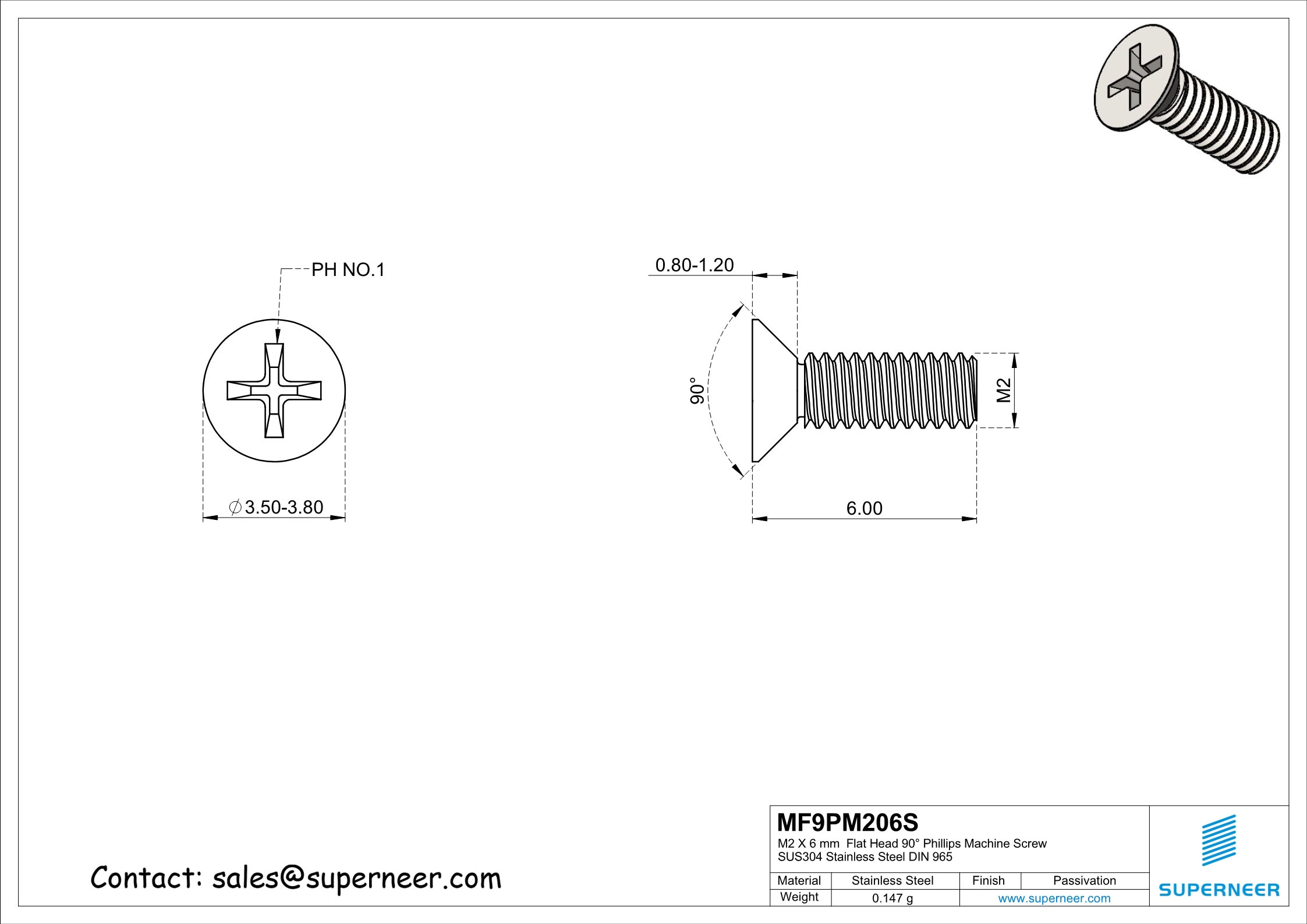 M2 x 6 mm  Flat Head 90° Phillips Machine Screw SUS304 Stainless Steel Inox DIN 965