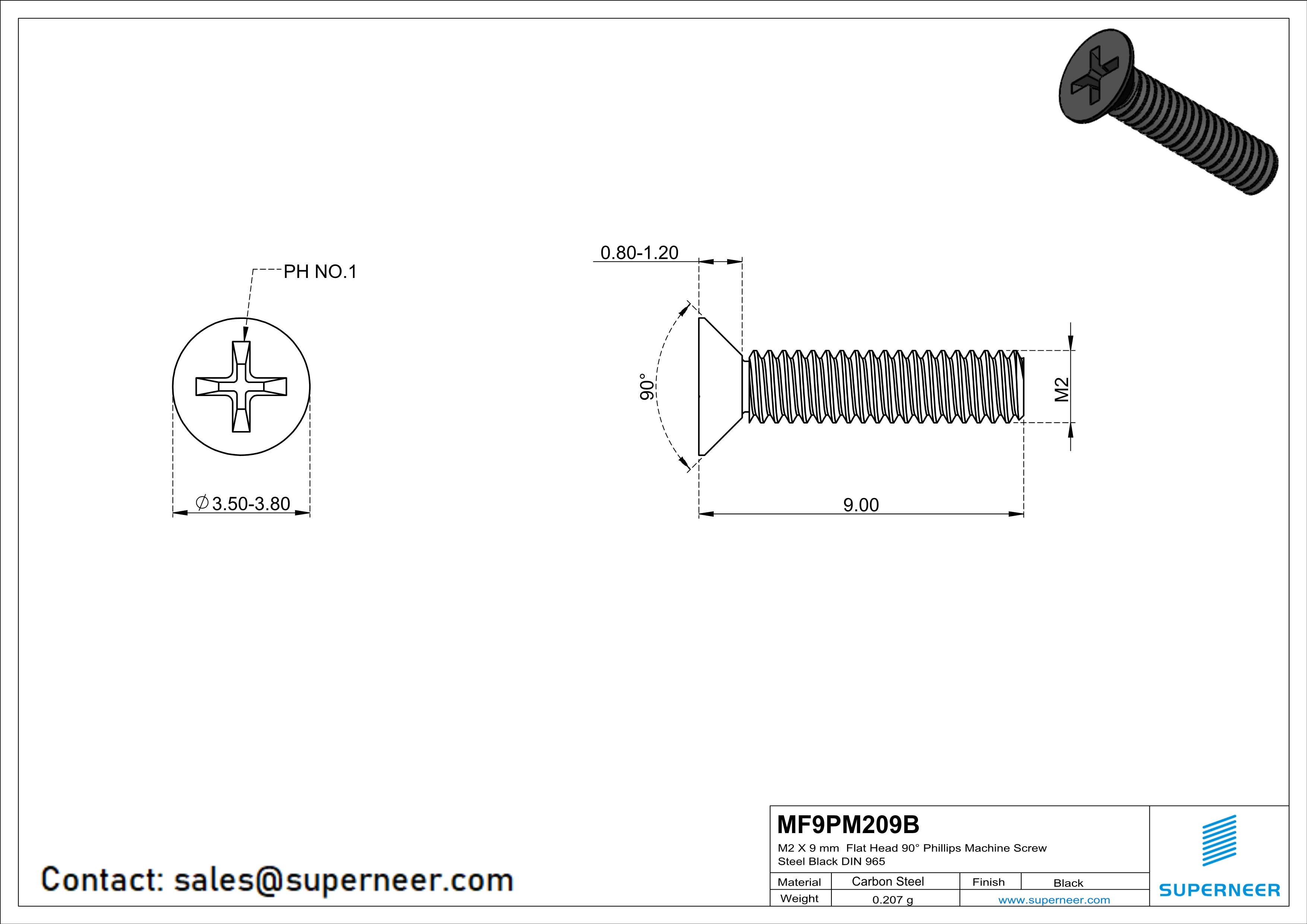 M2 x 9 mm Flat Head 90° Phillips Machine Screw Steel Black DIN 965