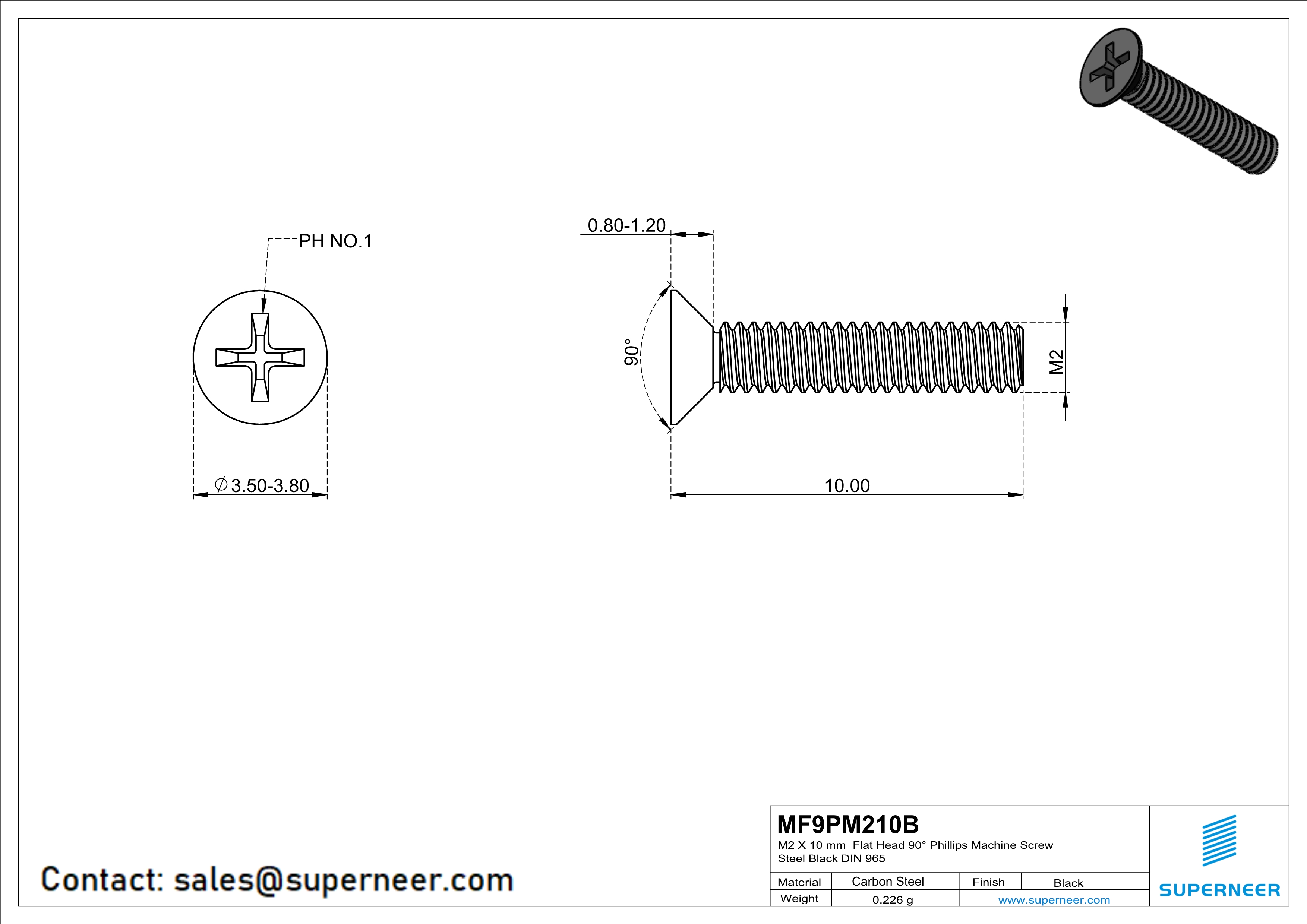 M2 x 10 mm Flat Head 90° Phillips Machine Screw Steel Black DIN 965