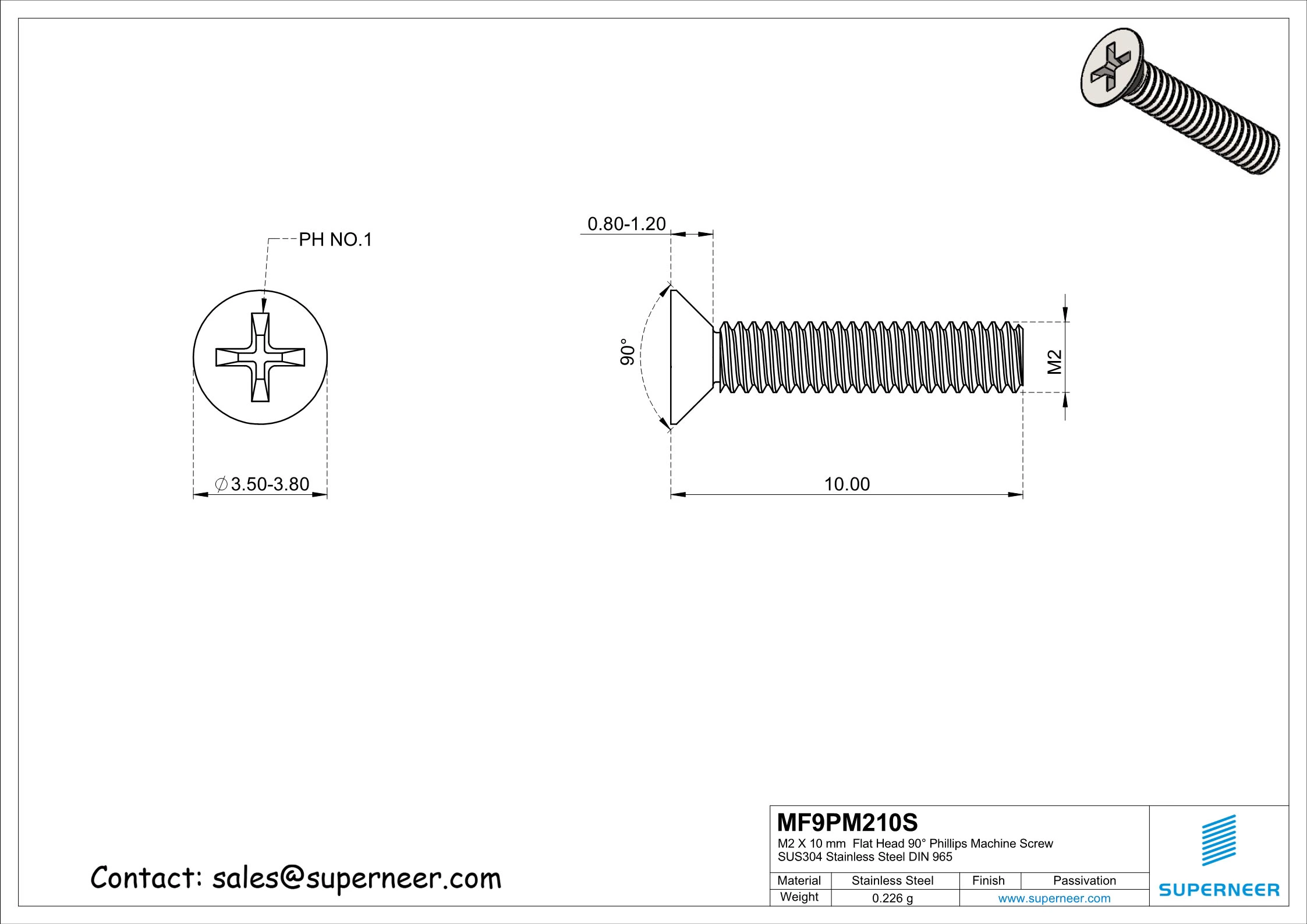 M2 x 10 mm  Flat Head 90° Phillips Machine Screw SUS304 Stainless Steel Inox DIN 965