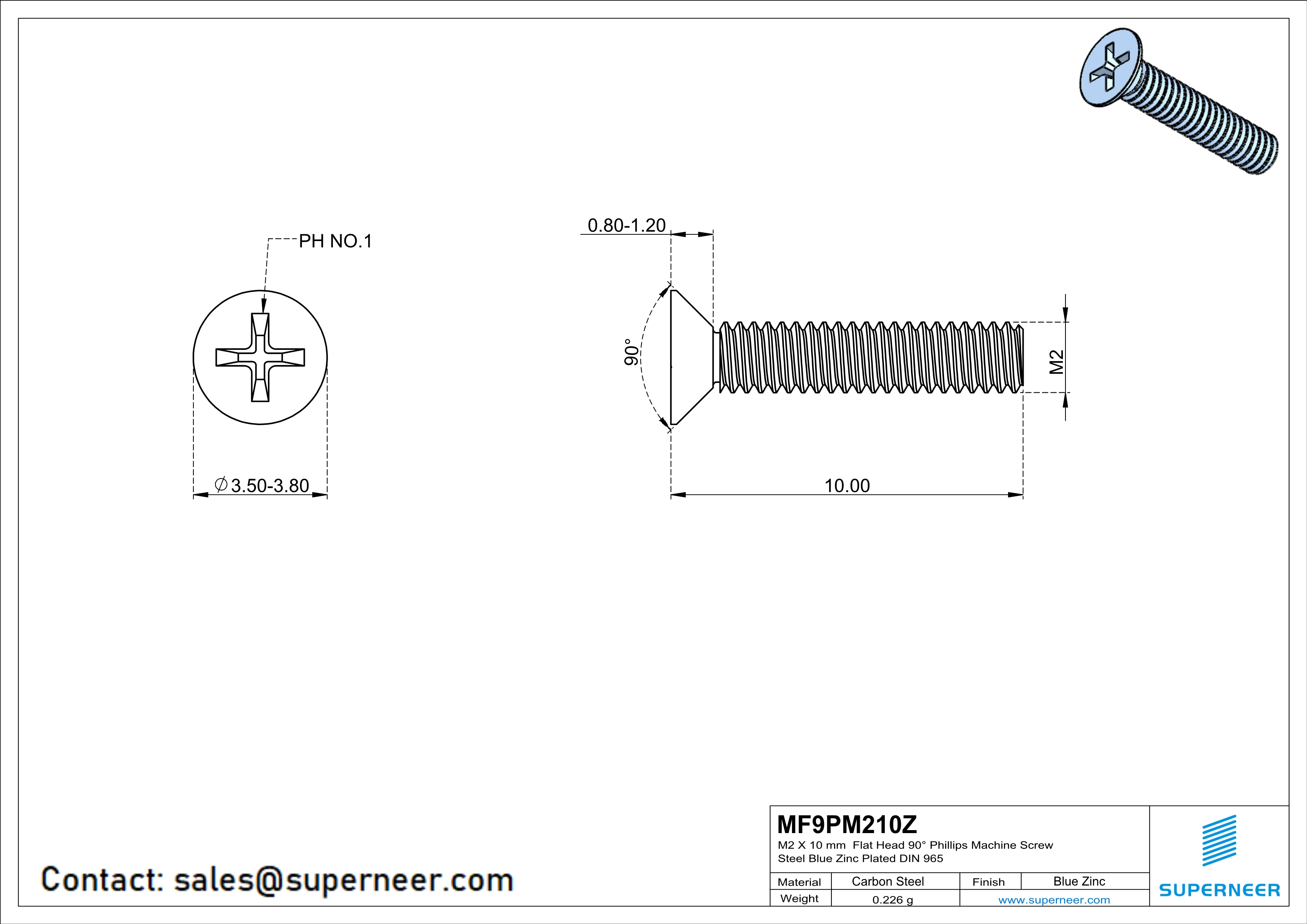 M2 x 10 mm Flat Head 90° Phillips Machine Screw Steel Blue Zinc Plated DIN 965