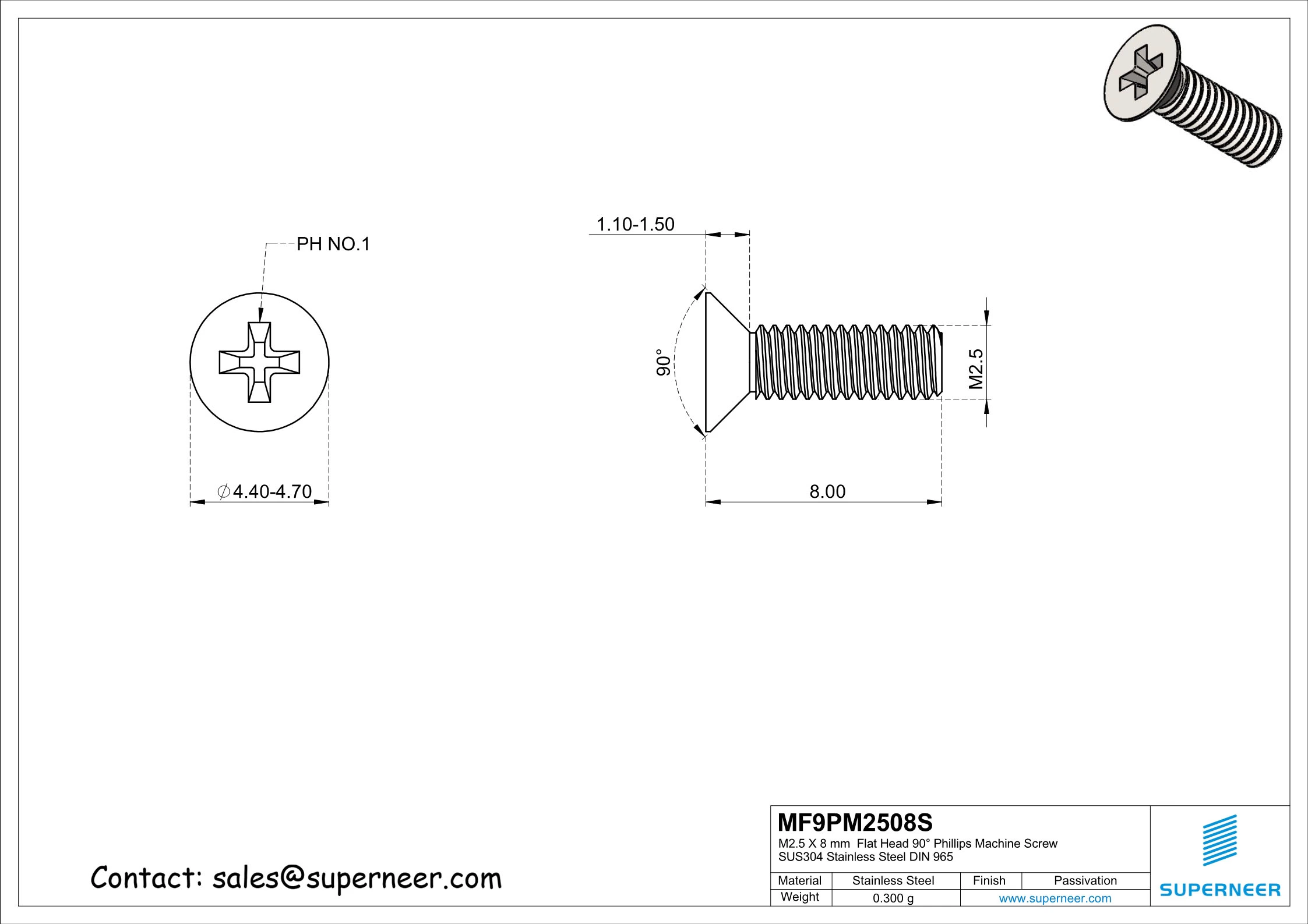 M2.5 x 8 mm  Flat Head 90° Phillips Machine Screw SUS304 Stainless Steel Inox DIN 965