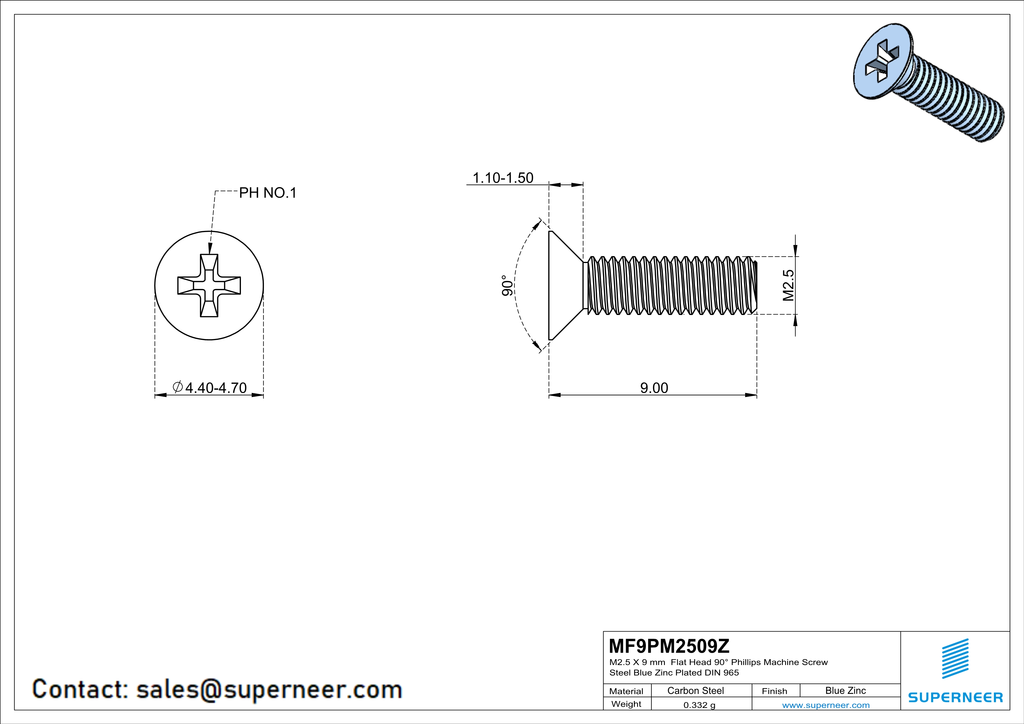 M2.5 x 9 mm Flat Head 90° Phillips Machine Screw Steel Blue Zinc Plated DIN 965