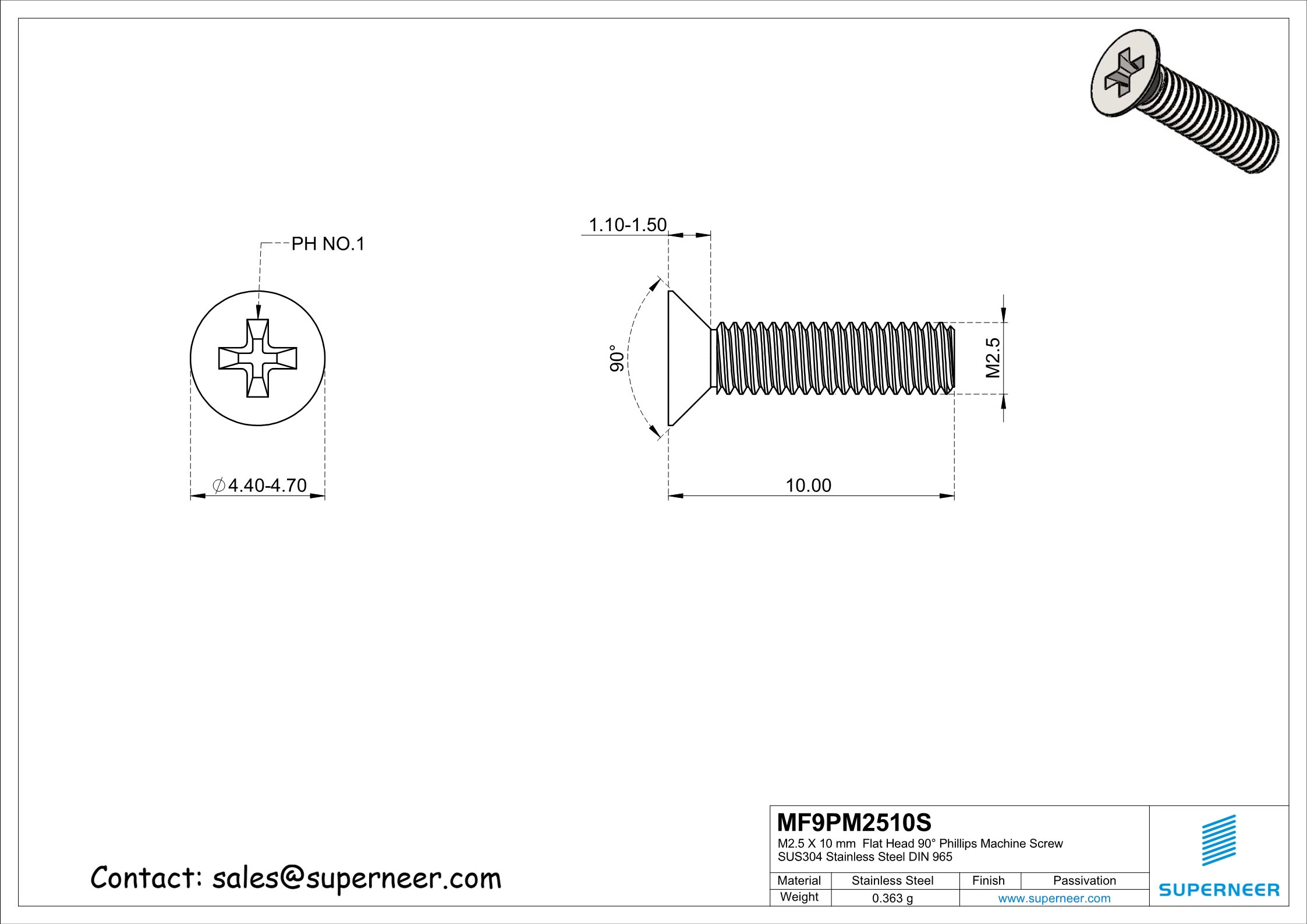 M2.5 x 10 mm  Flat Head 90° Phillips Machine Screw SUS304 Stainless Steel Inox DIN 965