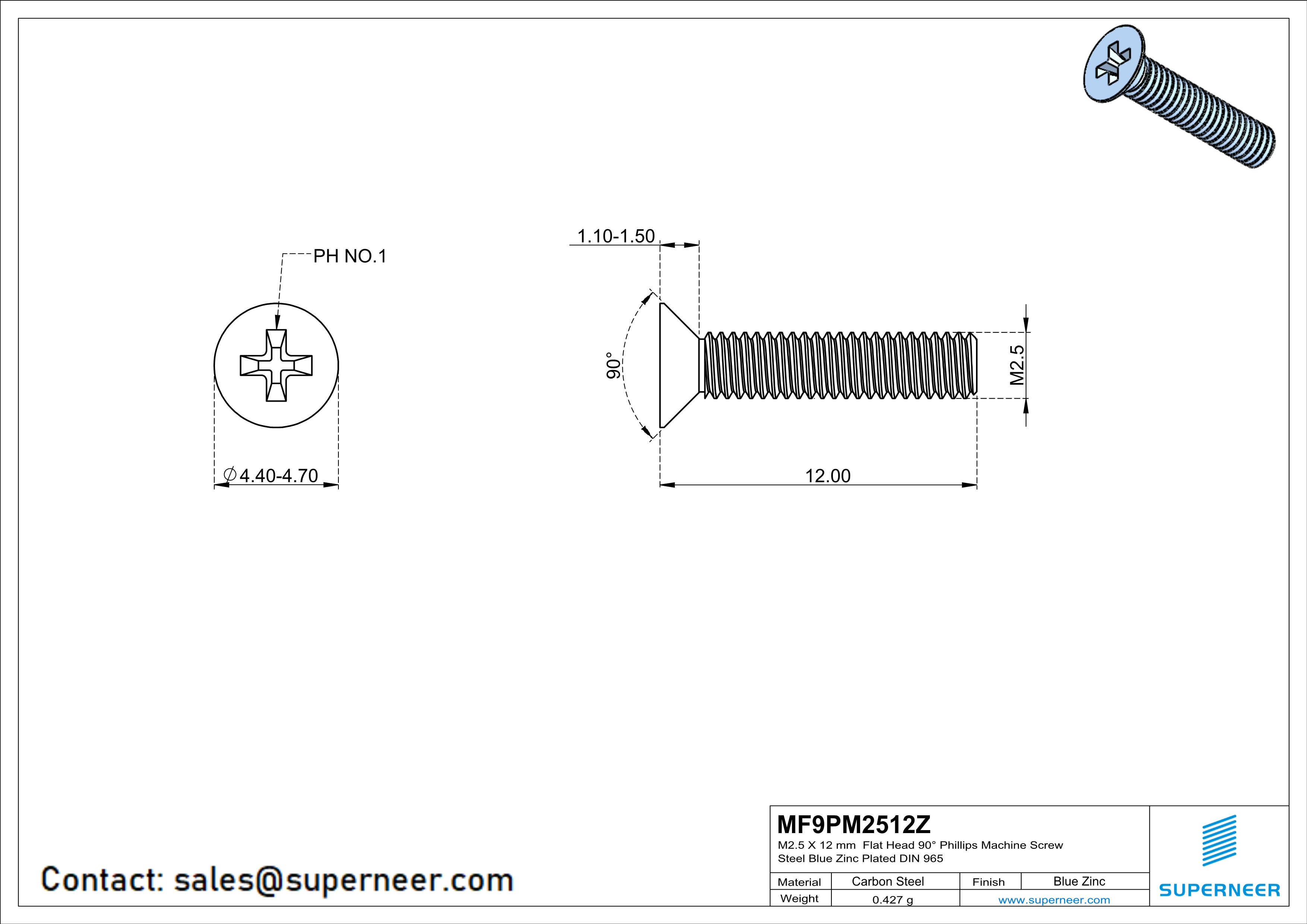 M2.5 x 12 mm Flat Head 90° Phillips Machine Screw Steel Blue Zinc Plated DIN 965