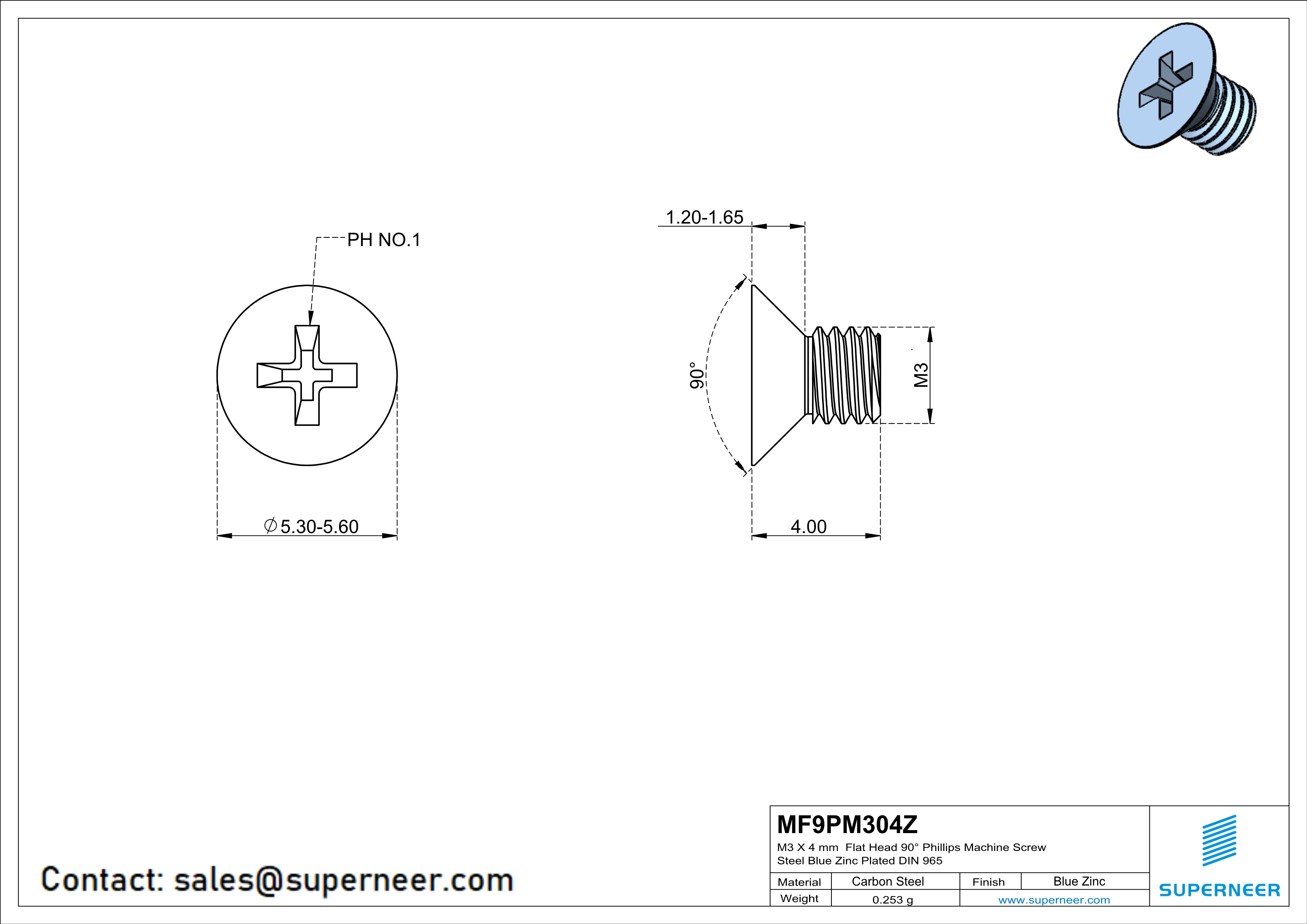 M3 x 4 mm Flat Head 90° Phillips Machine Screw Steel Blue Zinc Plated DIN 965