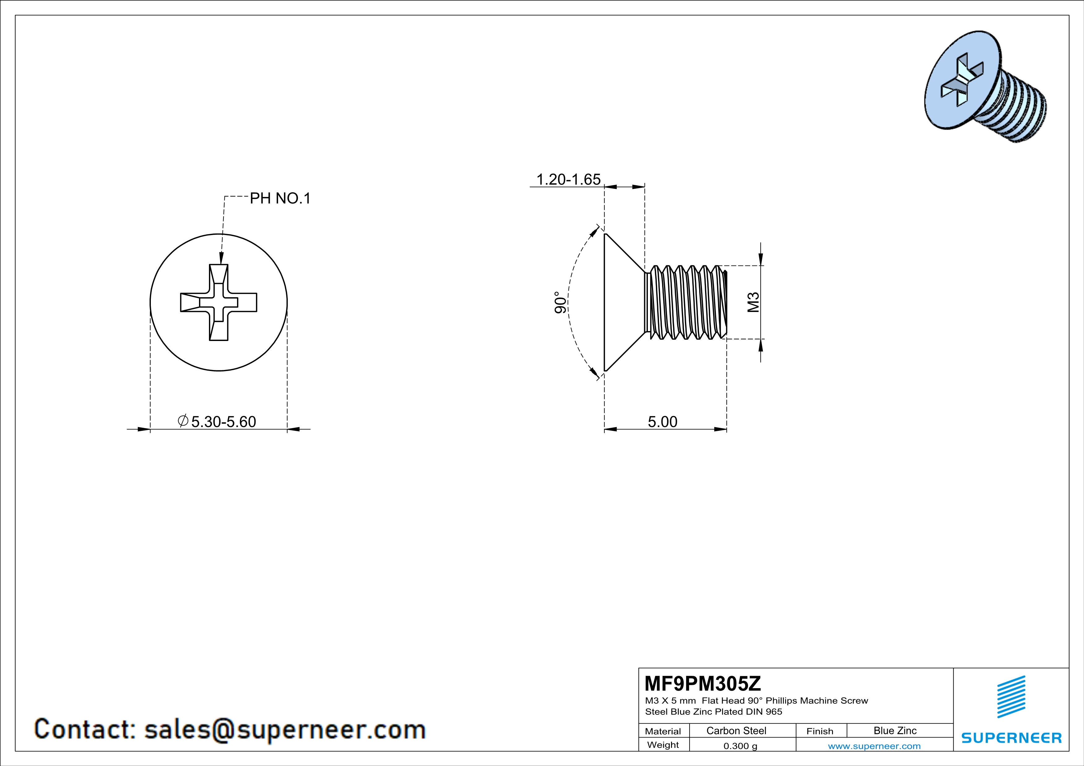 M3 x 5 mm Flat Head 90° Phillips Machine Screw Steel Blue Zinc Plated DIN 965