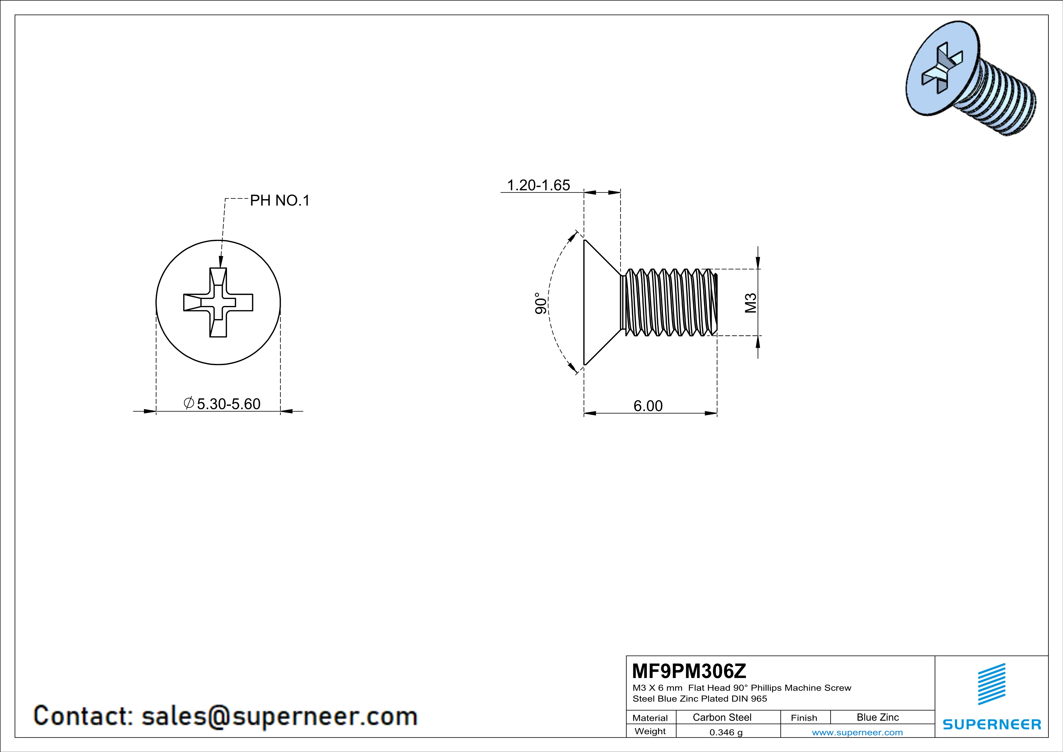 M3 x 6 mm Flat Head 90° Phillips Machine Screw Steel Blue Zinc Plated DIN 965