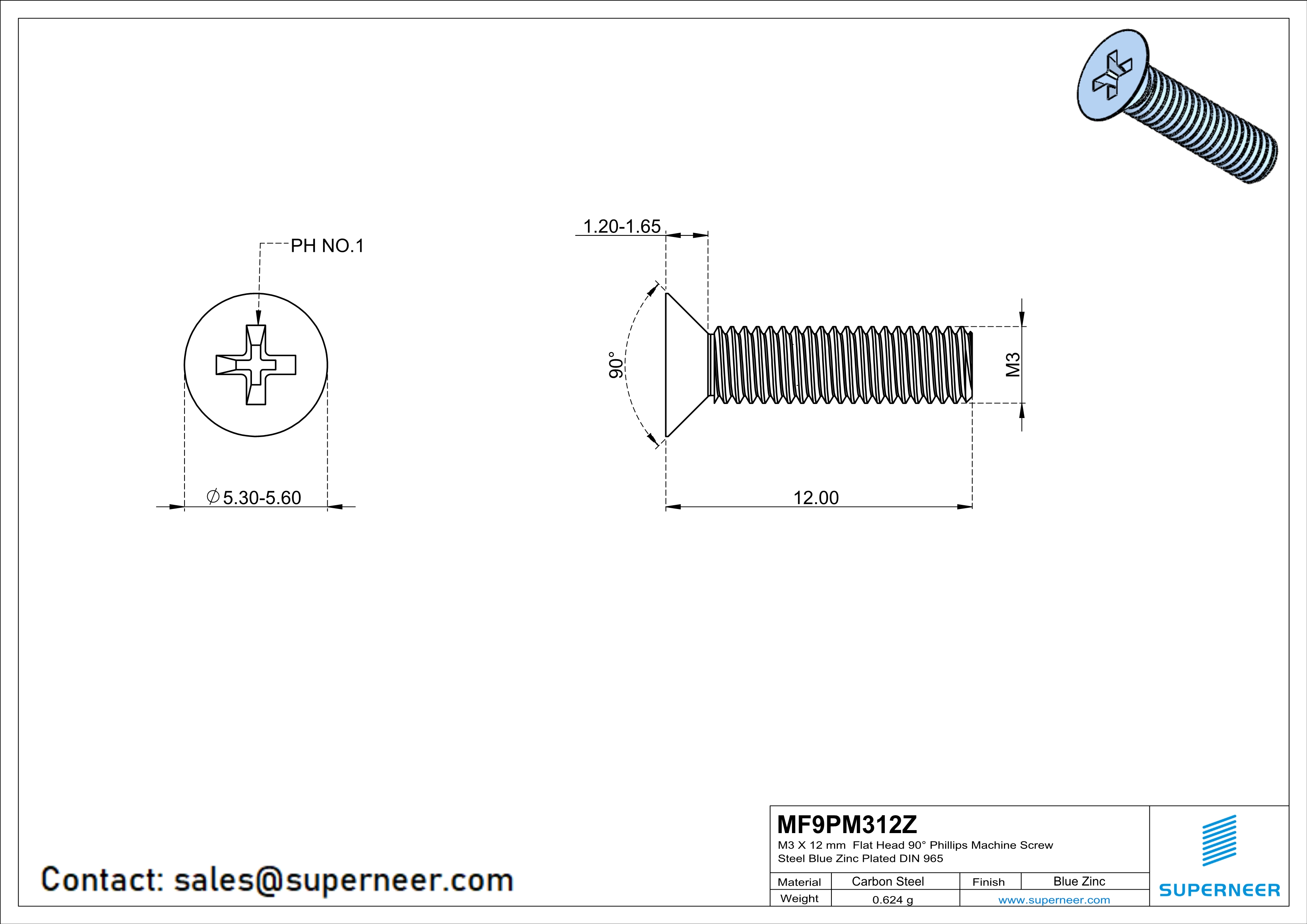 M3 x 12 mm Flat Head 90° Phillips Machine Screw Steel Blue Zinc Plated DIN 965