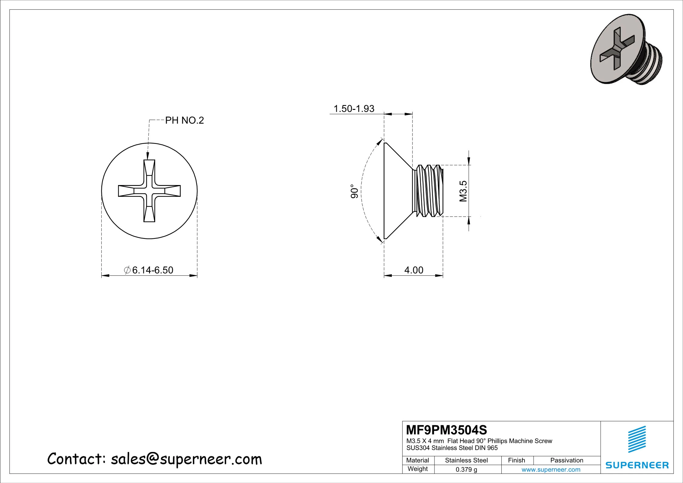 M3.5 x 4 mm  Flat Head 90° Phillips Machine Screw SUS304 Stainless Steel Inox DIN 965