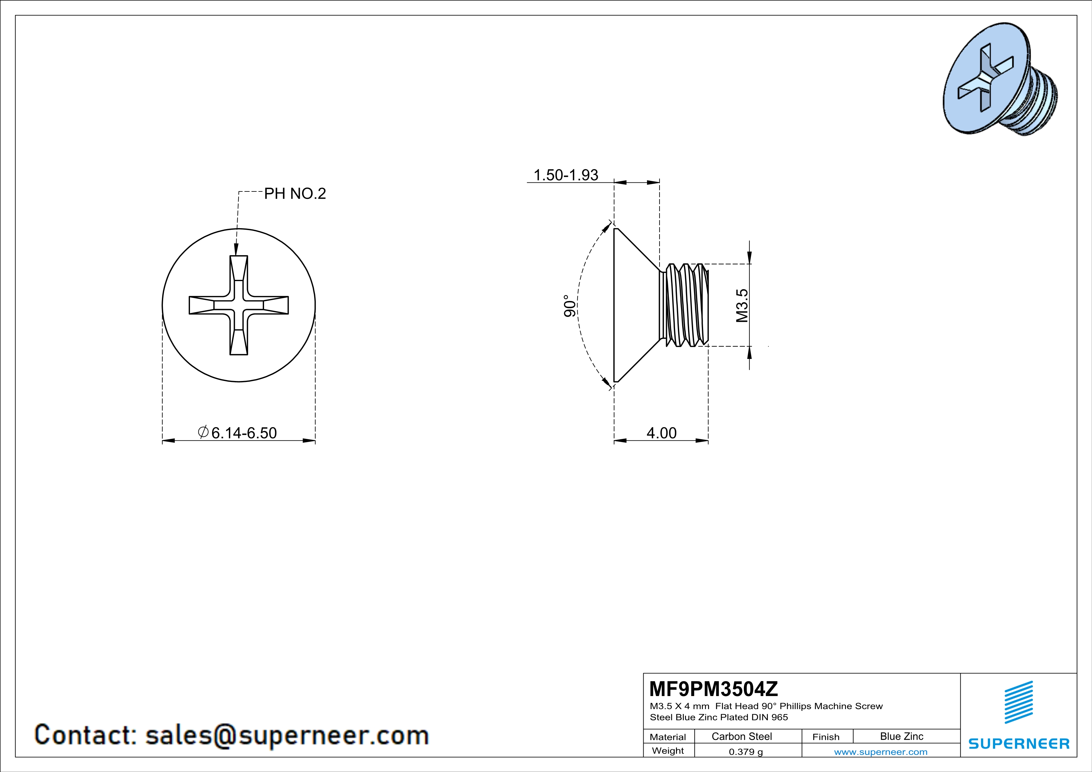 M3.5 x 4 mm Flat Head 90° Phillips Machine Screw Steel Blue Zinc Plated DIN 965